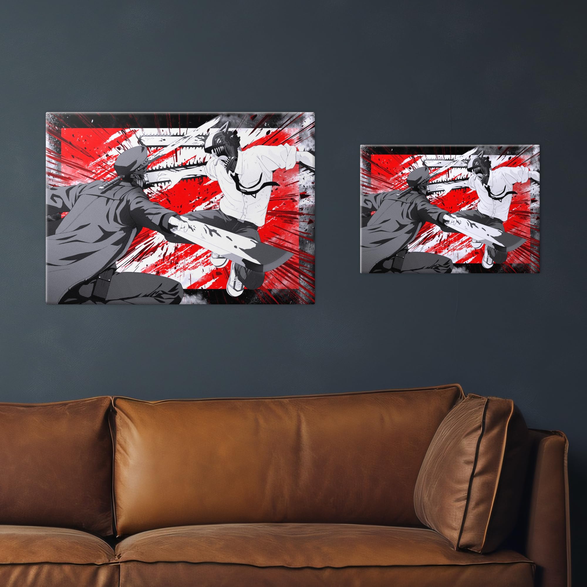 Displate Metallposter Chainsaw Man vs Katana - Man Red Brutal Combat - Wanddeko Poster für Schlafzimmer Magnetische Befestigung 48 cm x 67.5 cm