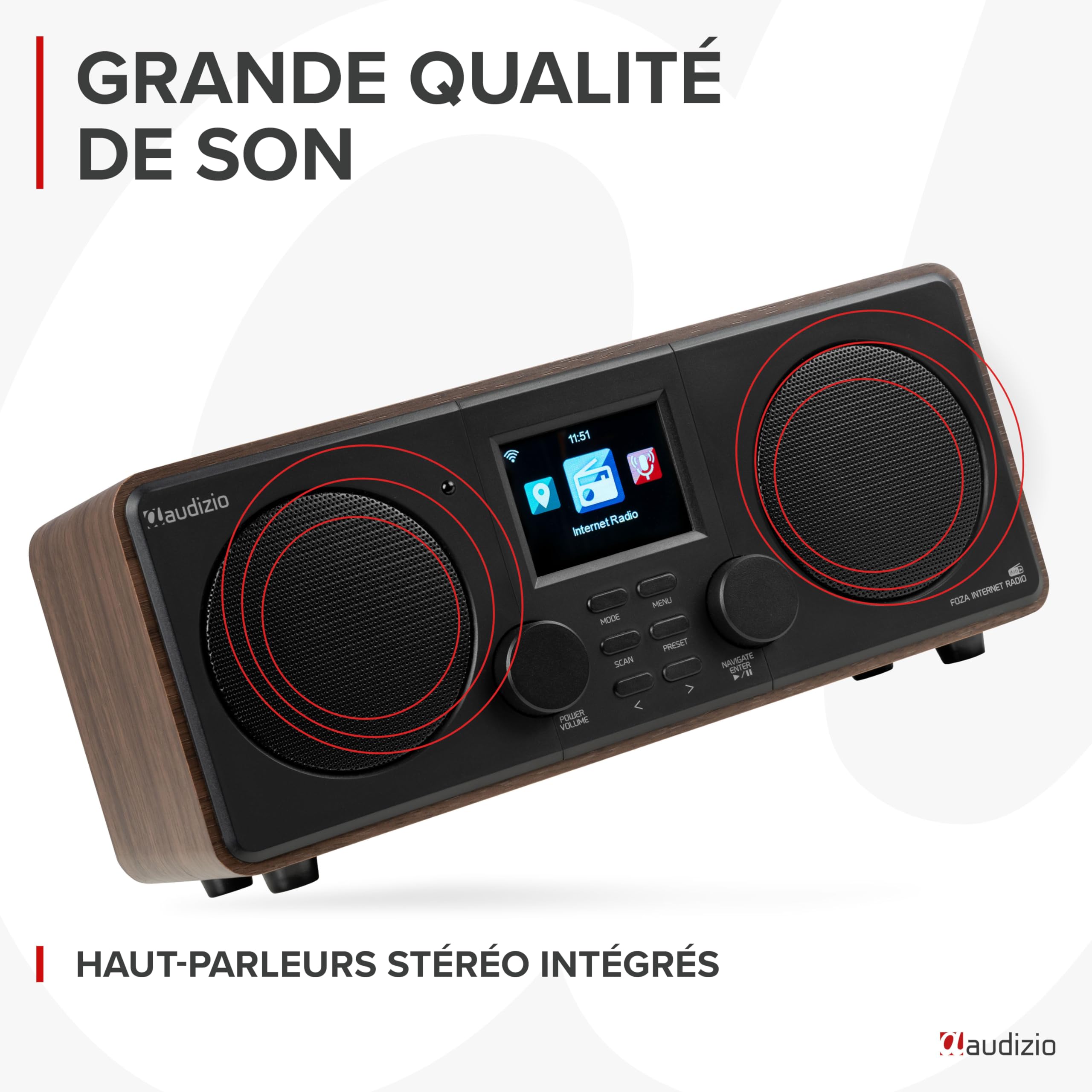 Audizio Foza - Radio Internet WiFi Stéréo, Dab+/FM et BT 5.0 - Noyer, Radio Réveil, Lecteur MP3 USB, Une Radio Idéale pour Écouter Les Radios du Monde Entier Depuis chez Vous