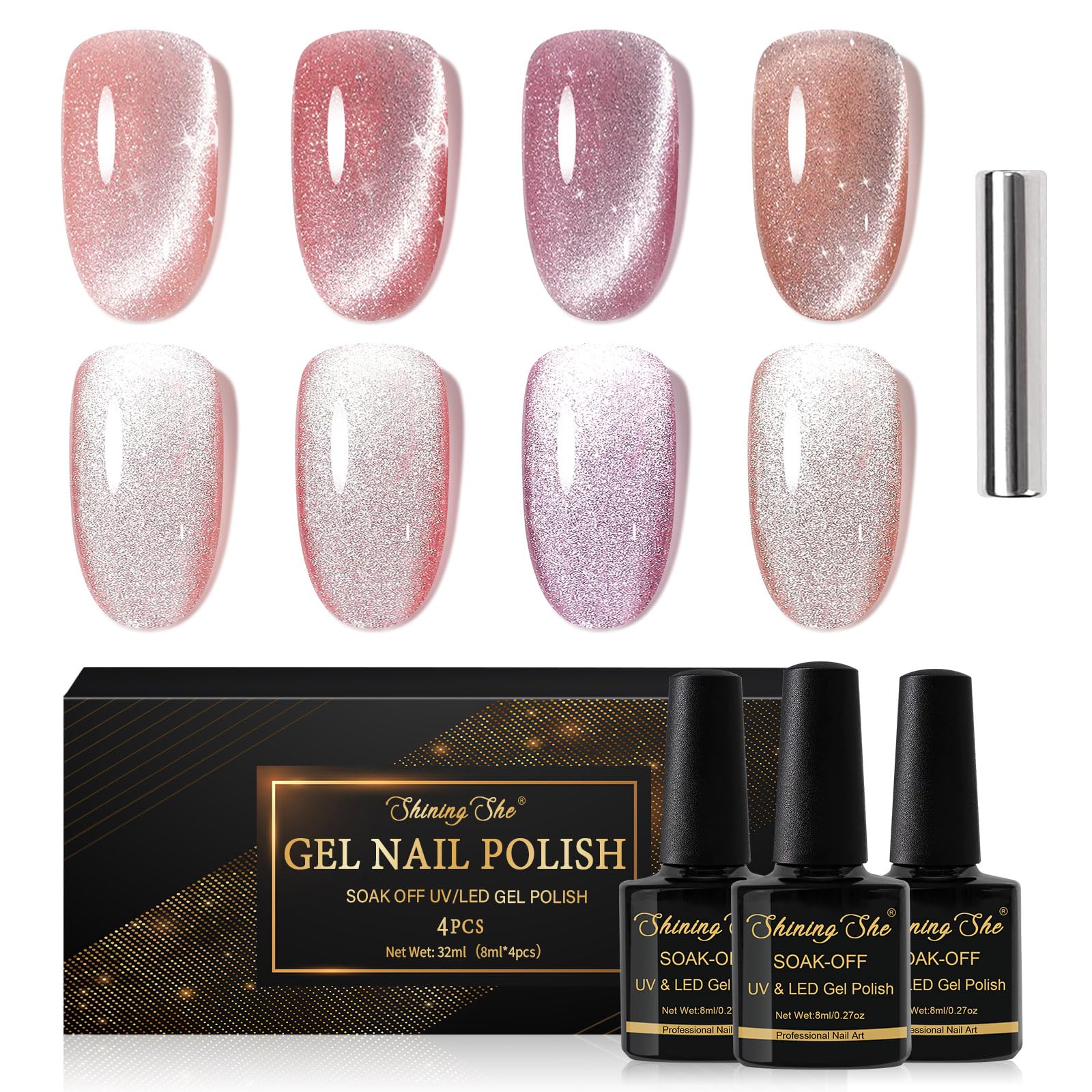 Shining She Vernis Semi Permanent Magnétique, 4 Couleurs Nude Rose Or Rose Holographique Cat Eye Vernis Semi-permanent avec Bâton Magnétique Soak Off UV/LED Vernis à Ongles Pour Salon DIY Home, 8ml