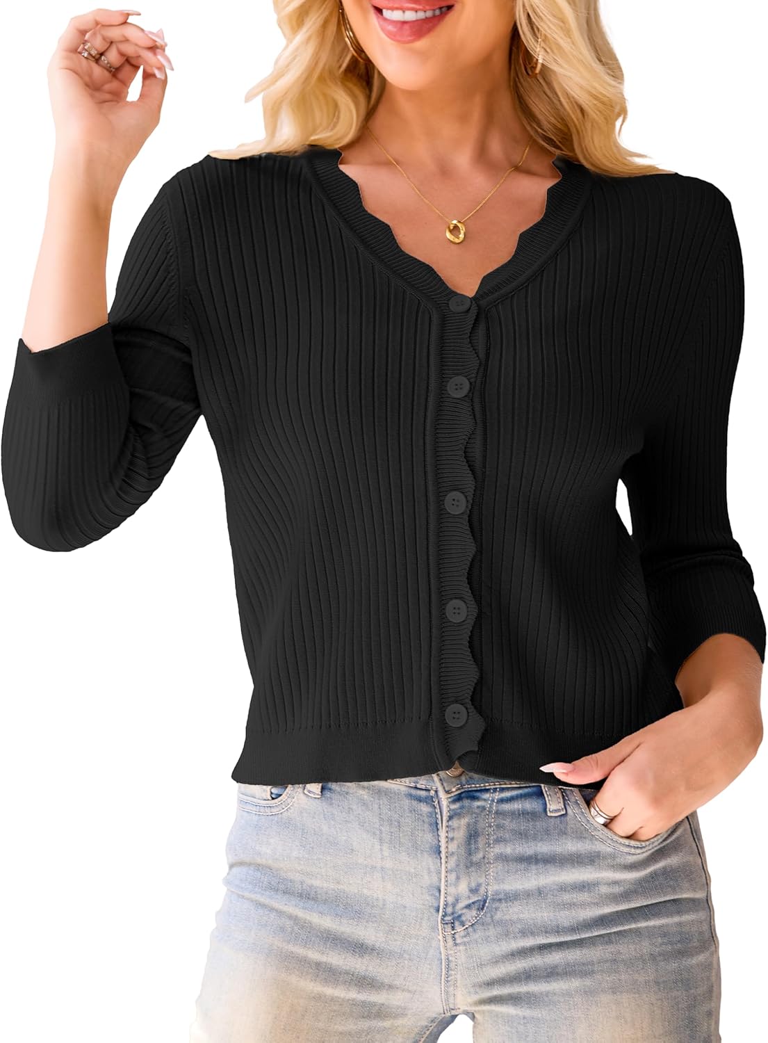 LIENRIDY Women's Cropped Cardigan Shrugs 3/4 Sleeve Button Down Ribbed Knit Sweater - Image 6