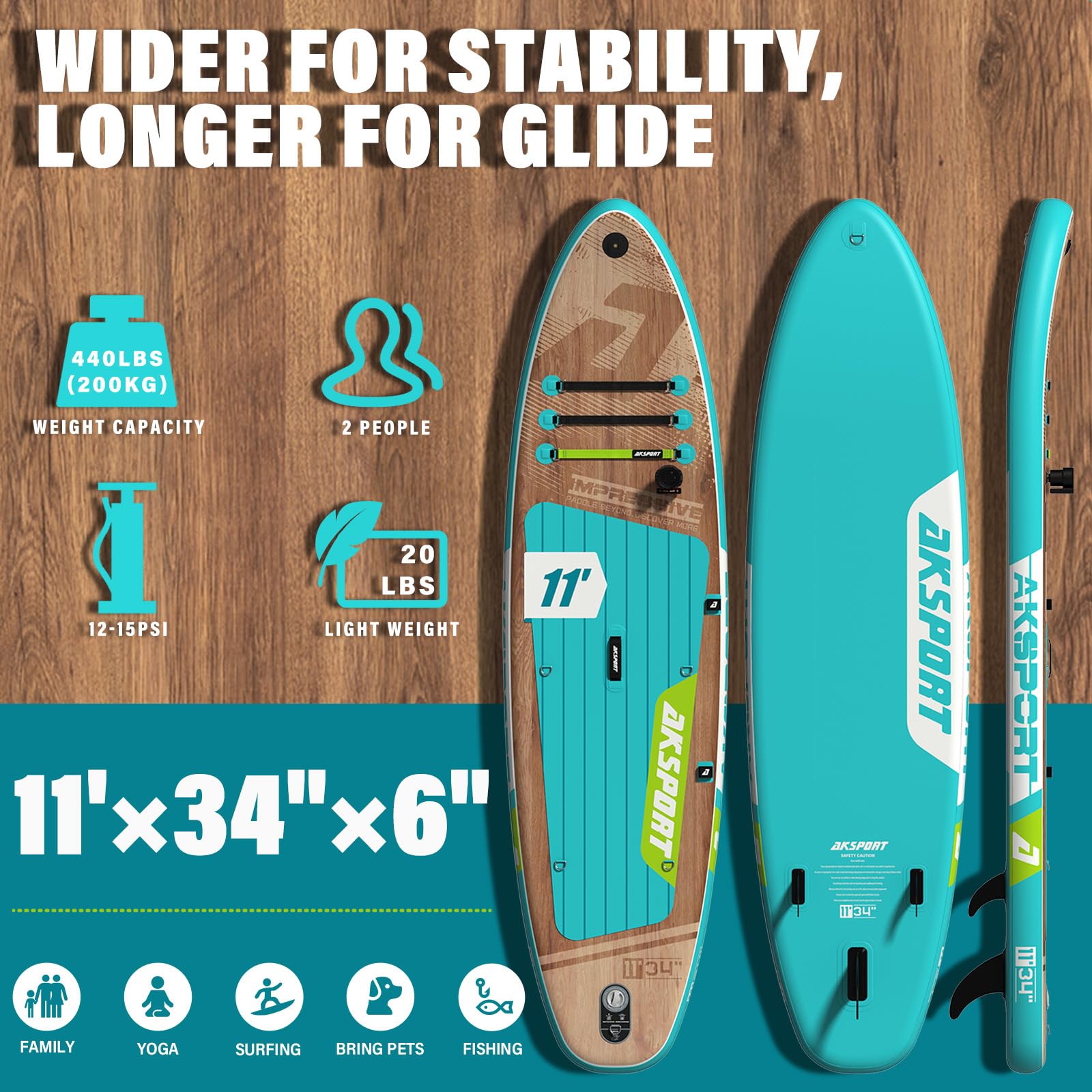 AKSPORT Tavola SUP Gonfiabile, SUP con Tutti gli Accessori, Design Ampio e Stabile, Ponte Antiscivolo, Paddle Board Gonfiabile per Giovani e Adulti