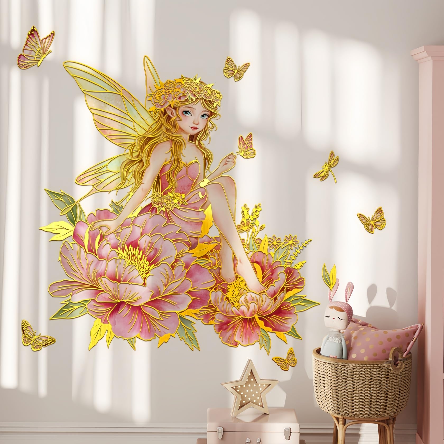 Lekabee Golden Flower Fairy Wall Stickers, Floral Butterfly Wall Decal, Girls Bedroom Baby Nursery Kids Room Wall Decor (Style_A)