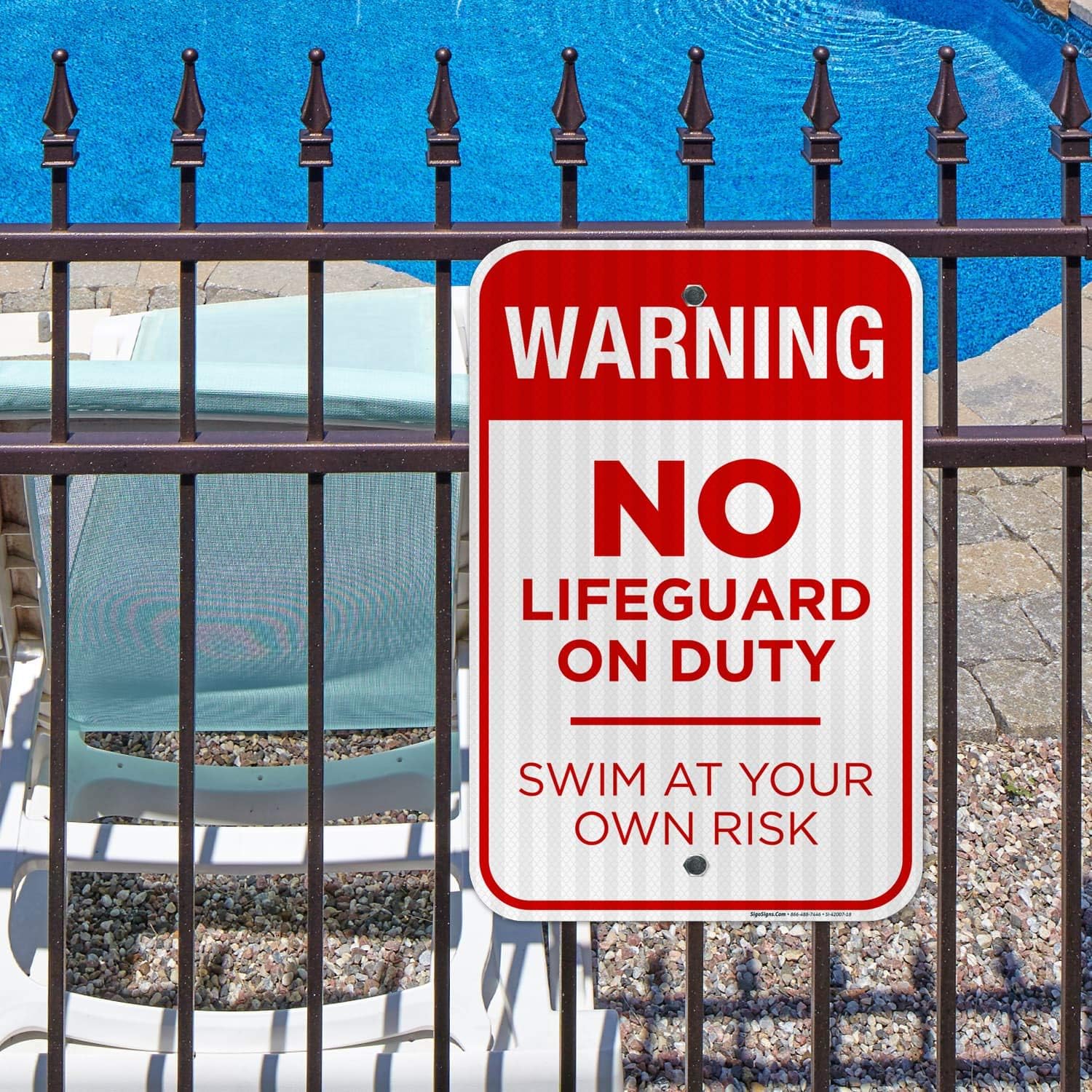Pool Sign, No Lifeguard On Duty Sign, 12x18 Inches, 3M EGP Reflective 0.63 Aluminum, Fade Resistant, Easy Mounting, Indoor/Outdoor Use, Made in USA
