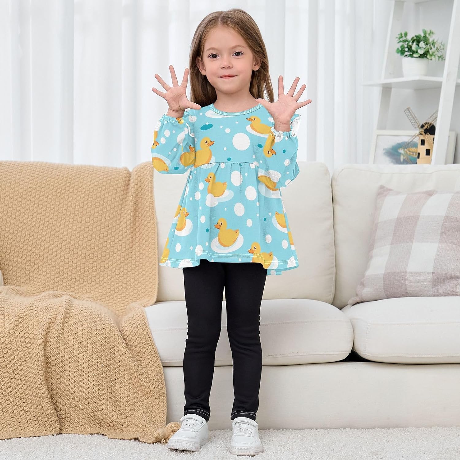 visesunny Toddler Clothes for Girls Swimming Duck Dot Long Sleeve Fall Shirts Cotton Top with Ruffle Collar
