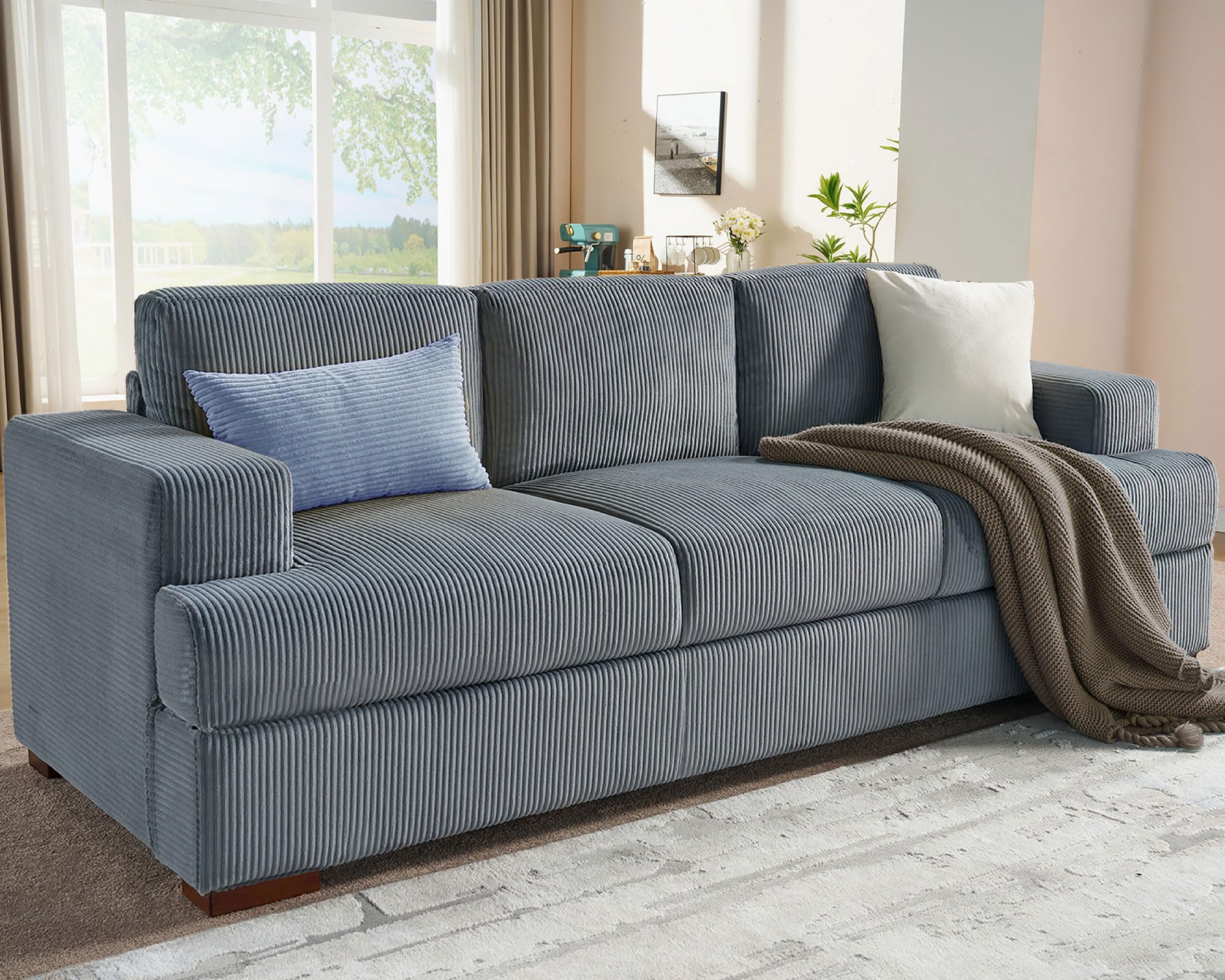 VanAcc 89in Comfy Couch, 3 Seater Sofa with Wood Legs, Deep Seat Sofa- Grey Corduroy Modern Couch for Living Room