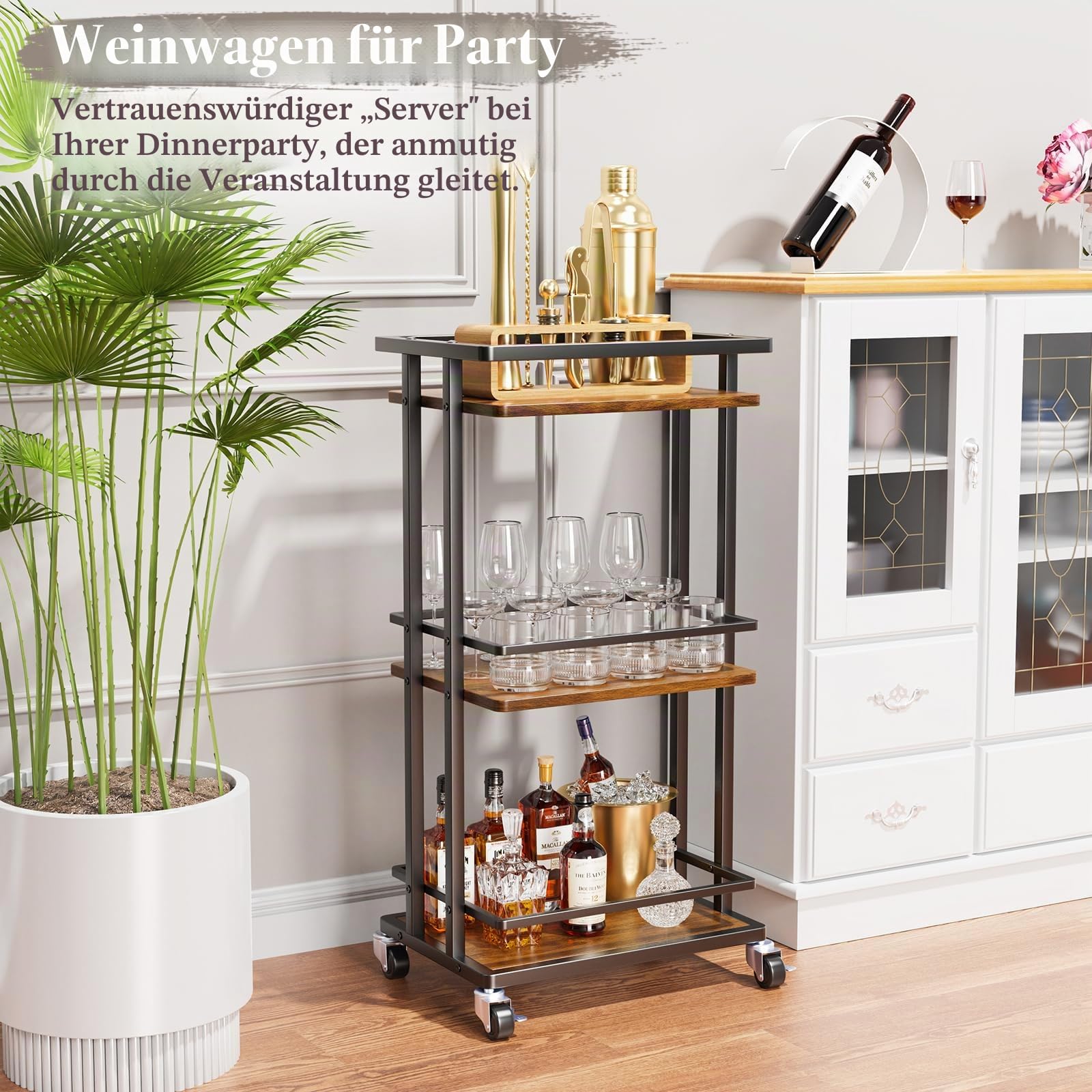 OKZEST 3-stöckiger Rollbar Wagen für Zuhause, Utility Kitchen Aufbewahrung Servierwagen mit Rädern, abschließbarer Mini-Kaffee-Barwagen für Party, Wein, Cocktail, Wohnzimmer, rustikales Braun