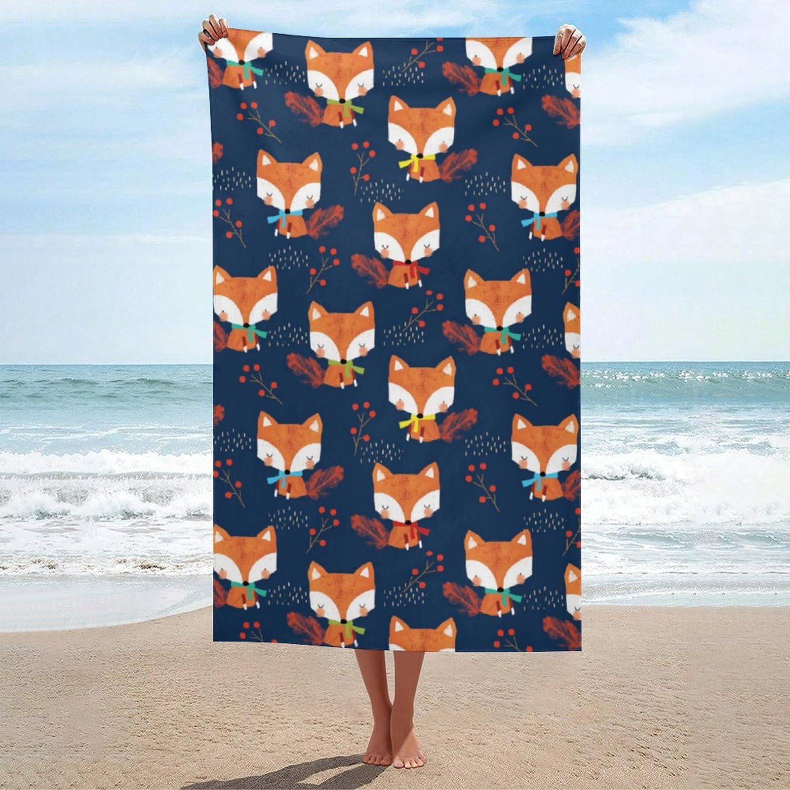 LEDFCVSU Beach Towel, Cute Scarf Fox Bath Towel, Absorbent Towel for Swimming, Sports, Travel