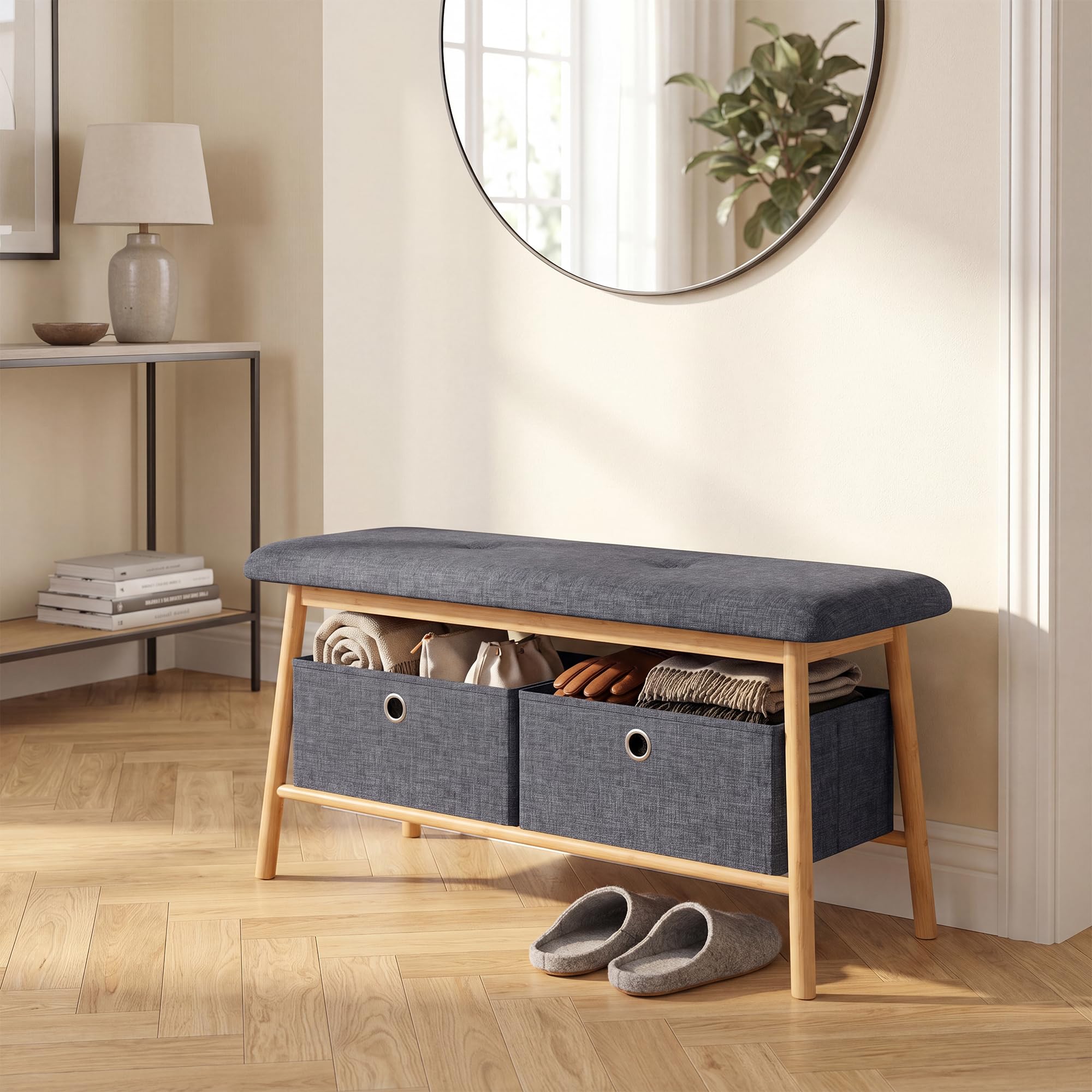 [en.casa] Panca da Scarpe con 2 Contenitori Scarpiera con Seduta Imbottita e 2 Scatole Porta Oggetti Scarpe Borse per Ingresso Corridoio 90 x 30 x 45 cm - Bambù Naturale/Grigio