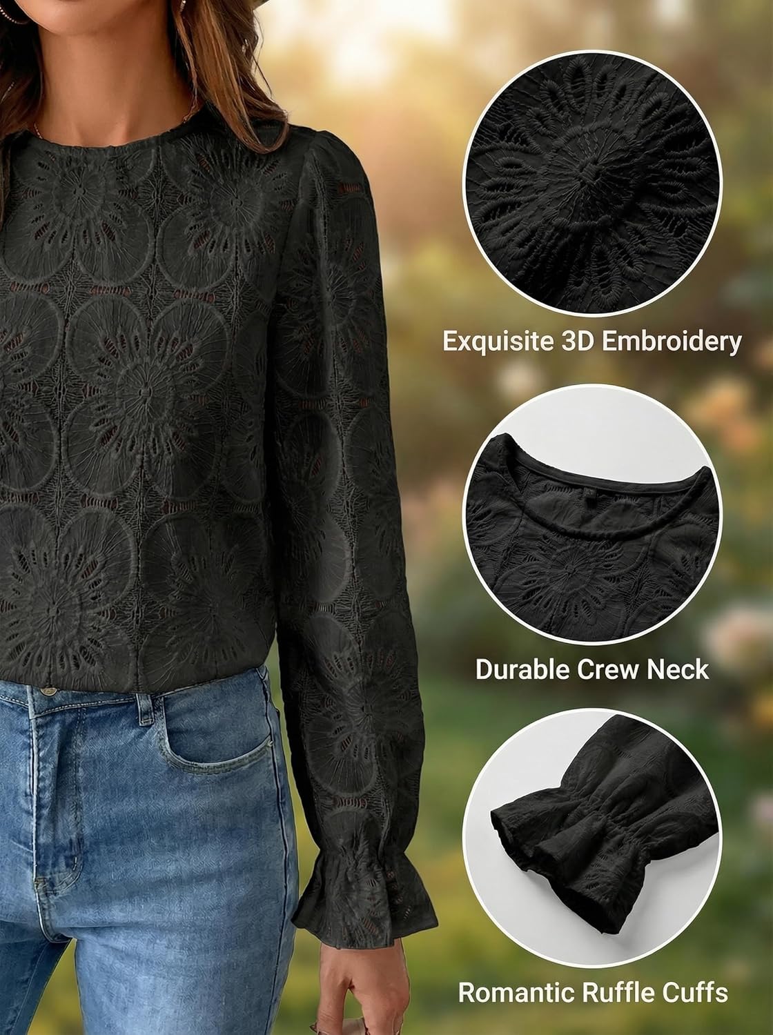 CUPSHE Women's Eyelet Long Sleeve Tops Shirts Dressy Hollow Out Crochet Lace Embroidered Blouses 2026 Fashion - Image 5