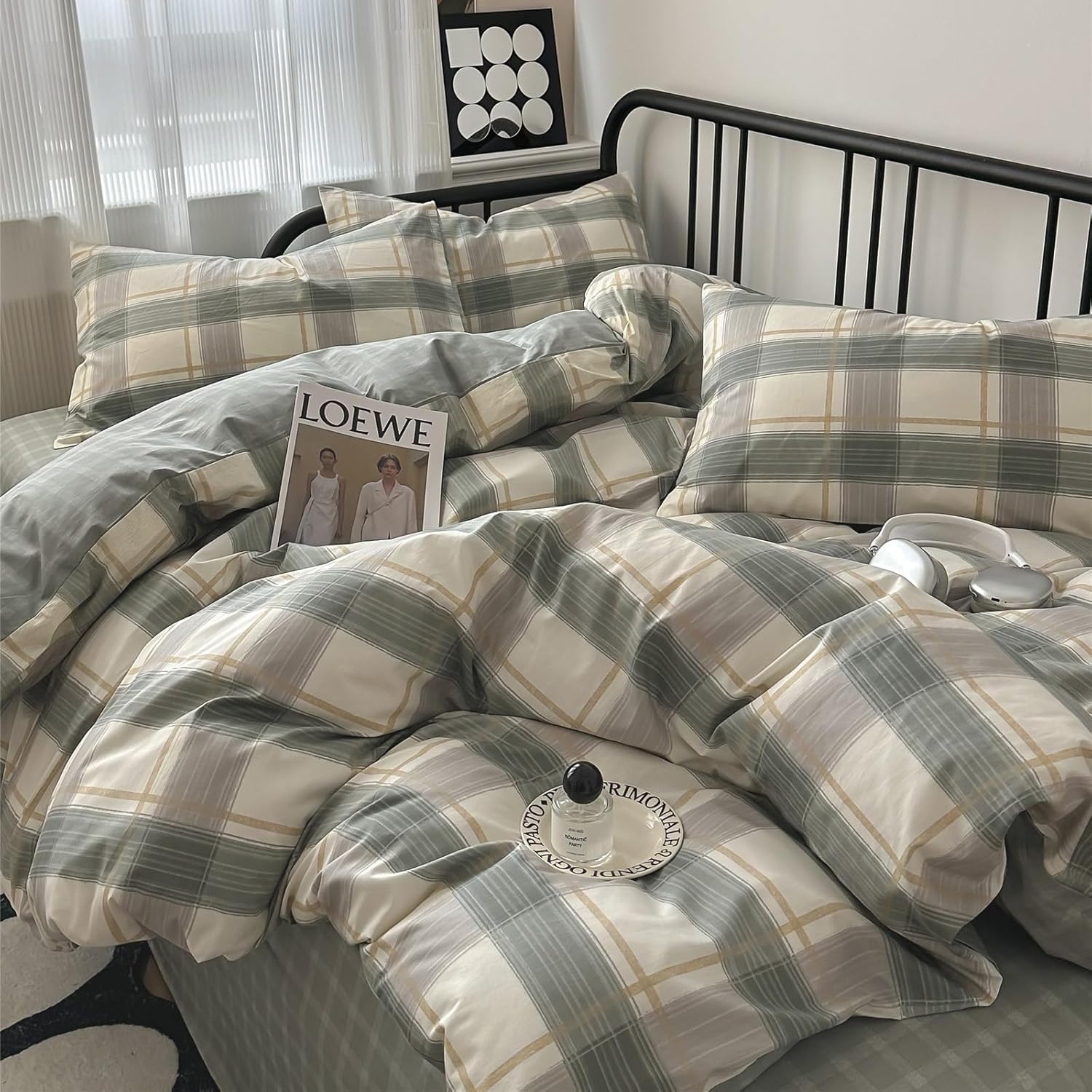 VM VOUGEMARKET Teen Boys Comforter Set Twin XL Green Plaid Gingham Down Comforter with 2 Pillowcases,Modern Cozy Bedding Quilt Set 68"x90" - Image 4
