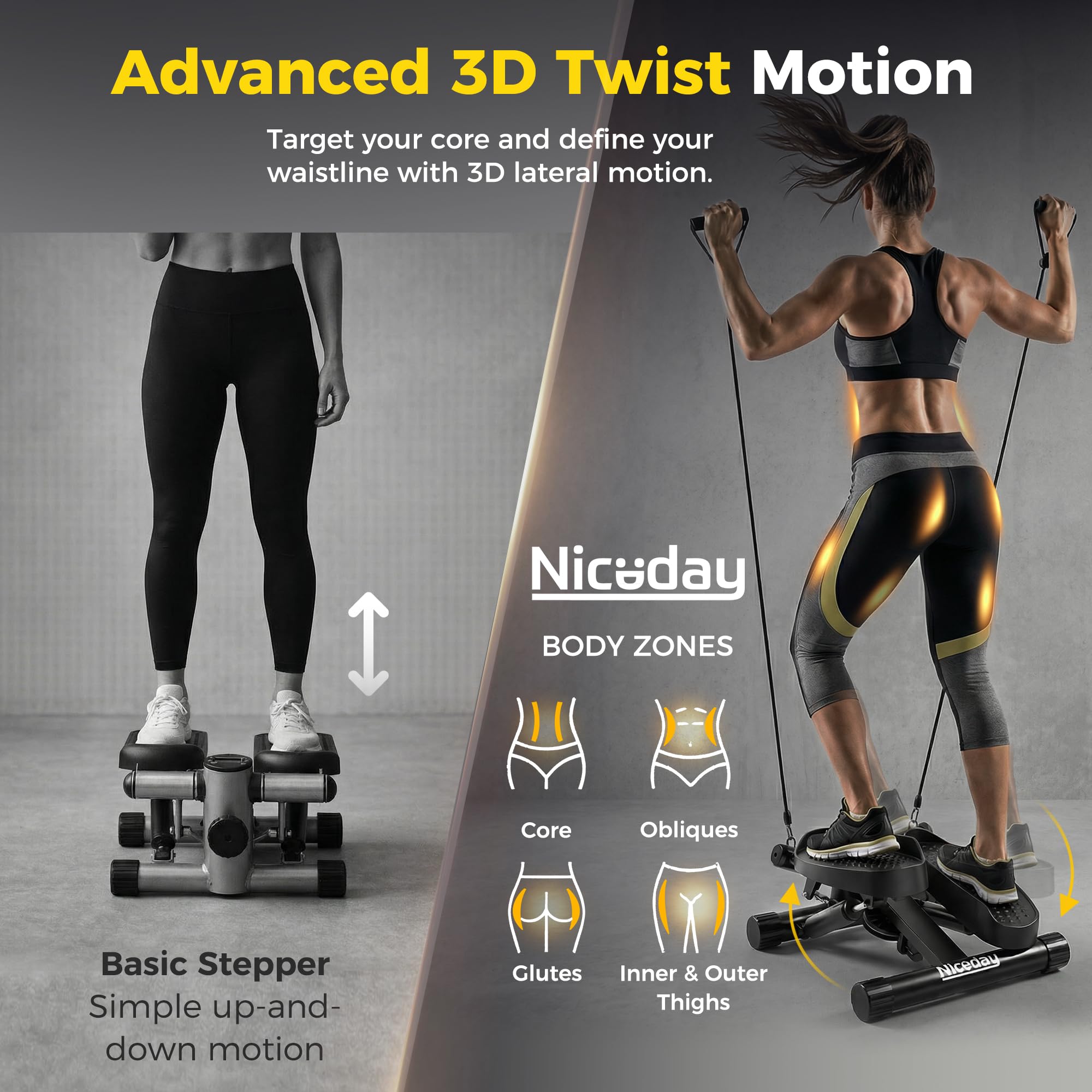 Niceday Twist Stepper für Übung Workout, Mini Stepper mit Widerstandsbändern, Stepper Maschine für Zuhause, Step Machine Exerciser mit LCD Monitor, Platzsparend, Rutschfestes Pedal, Ganzkörpertraining