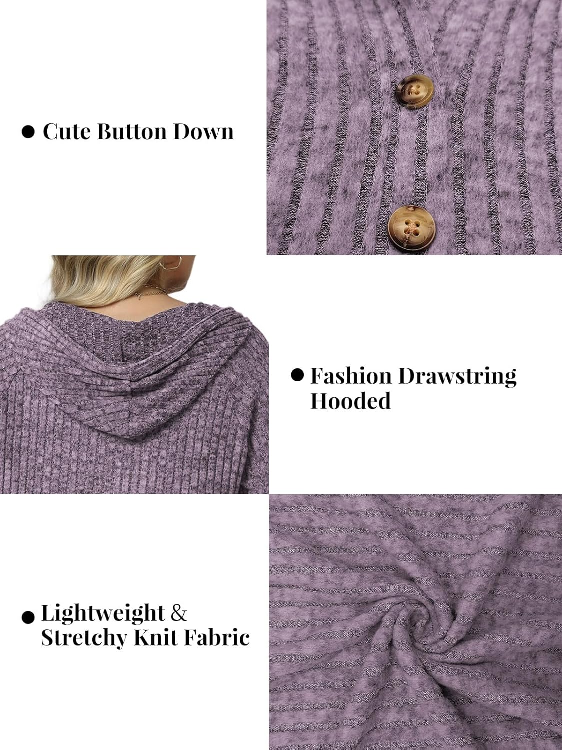 VISLILY Womens-Plus-Size-Hoodies Button V Neck Lightweight Knit Sweaters Casual Long Sleeve Tops Drawstring Hooded Sweatshirt - Image 4