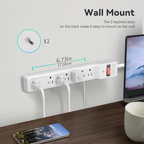 Miniatura 7 de Protector de sobretensiones de 15 pies (980 julios), tira de alimentación de enchufe plano, cable de extensión con múltiples tomas, 7 tomas,