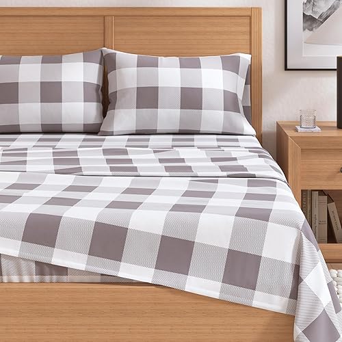 Miniatura 2 de Great Bay Home - Juego de sábanas de franela de 100 % algodón turco a cuadros tamaño Queen, con bolsillo profundo, suaves, cálidas, de doble