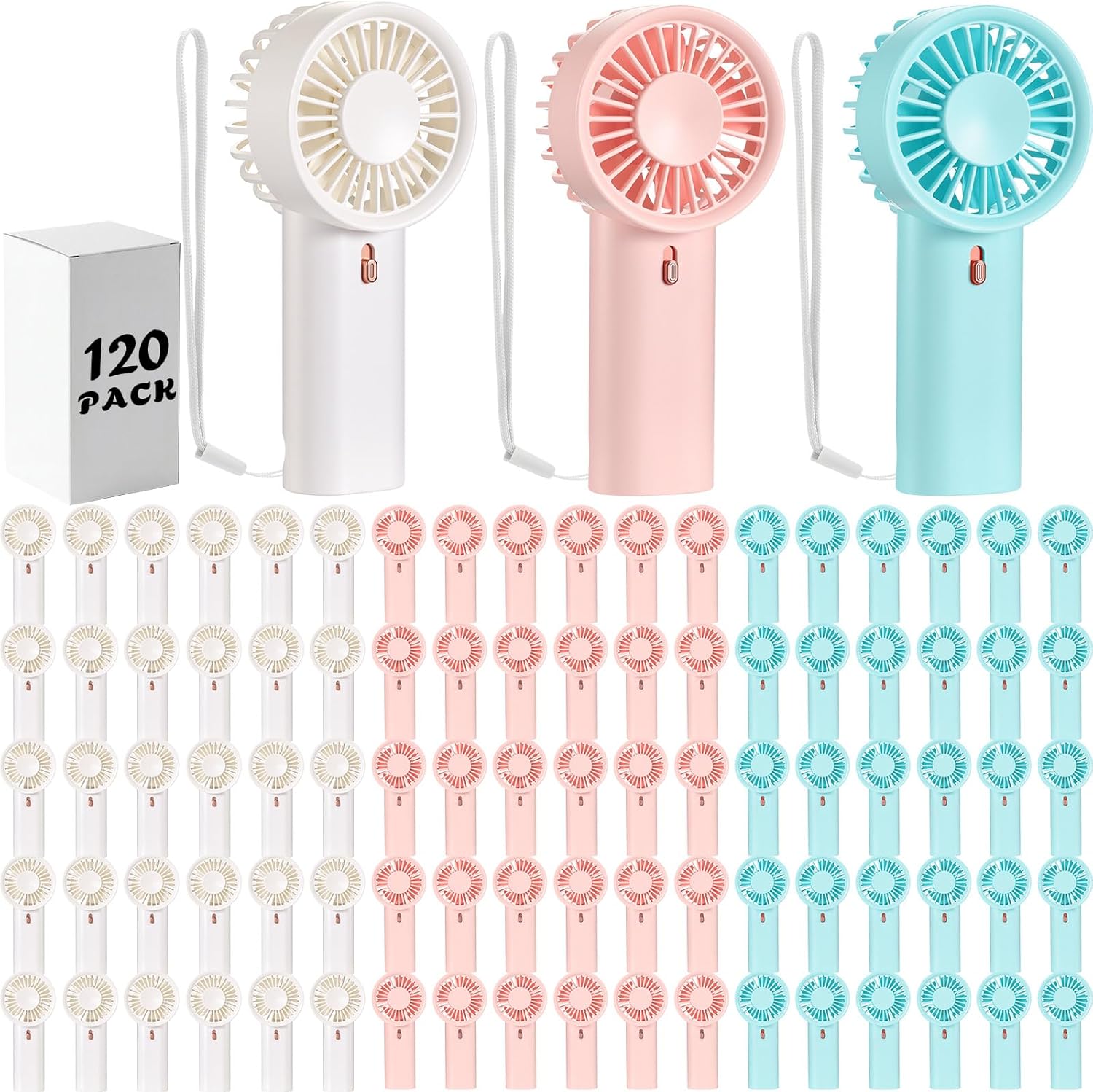 Woanger 120 Pack Mini Portable Fans Bulk Handheld Battery Operated Fan with Lanyard Personal Hand Held Cooler for Wedding Summer Travel Indoor Outdoor Office Camping Gift with Box (Aaa,White)