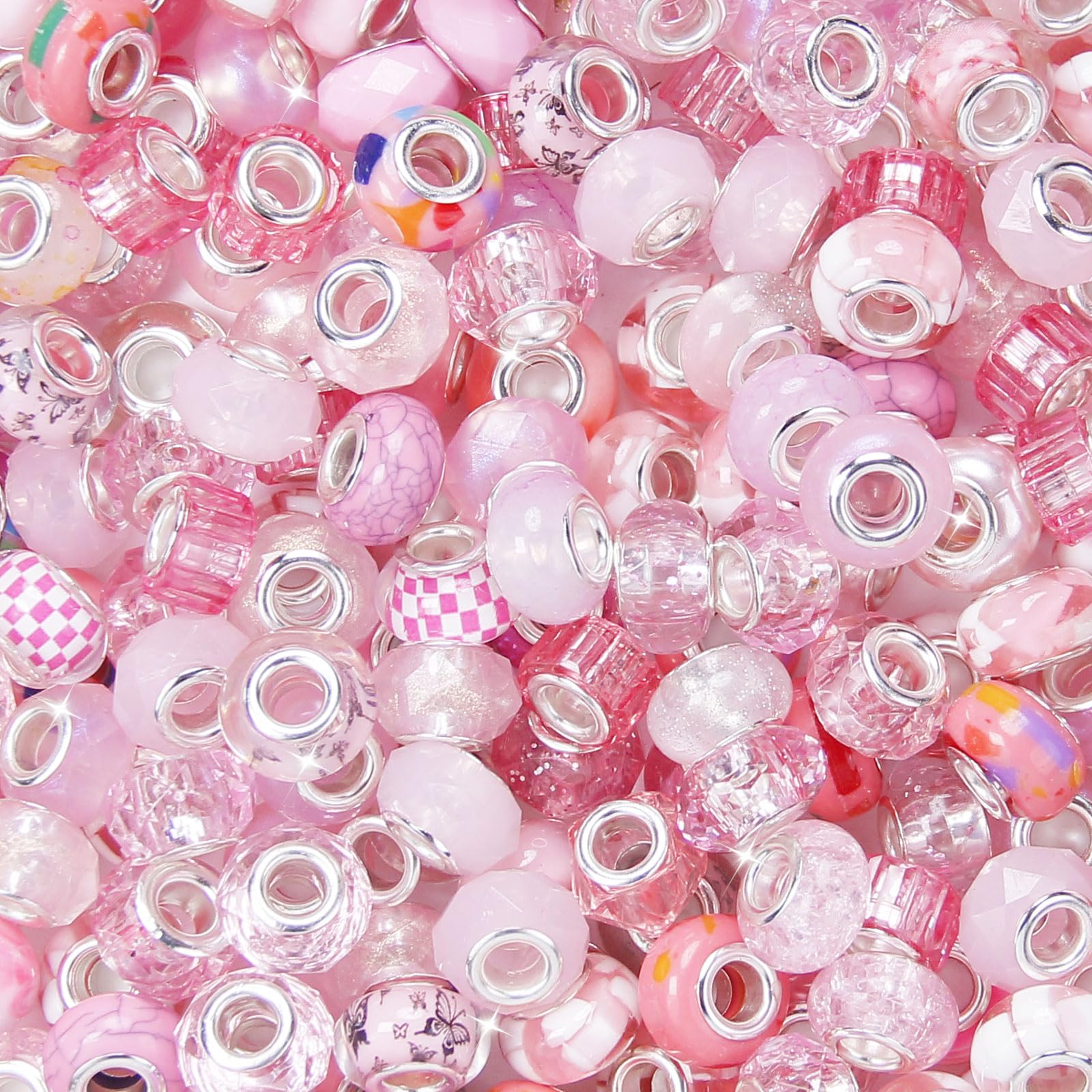 View 1 of 100 Pcs Large Hole Beads Assorted Pink European Craft Big Beads Large Hole Spacer Bead Lampwork Murano Fairy Wand Garden Bead for DIY Beadable Pen Charms Bracelet Keychain Jewelry Making Supplies