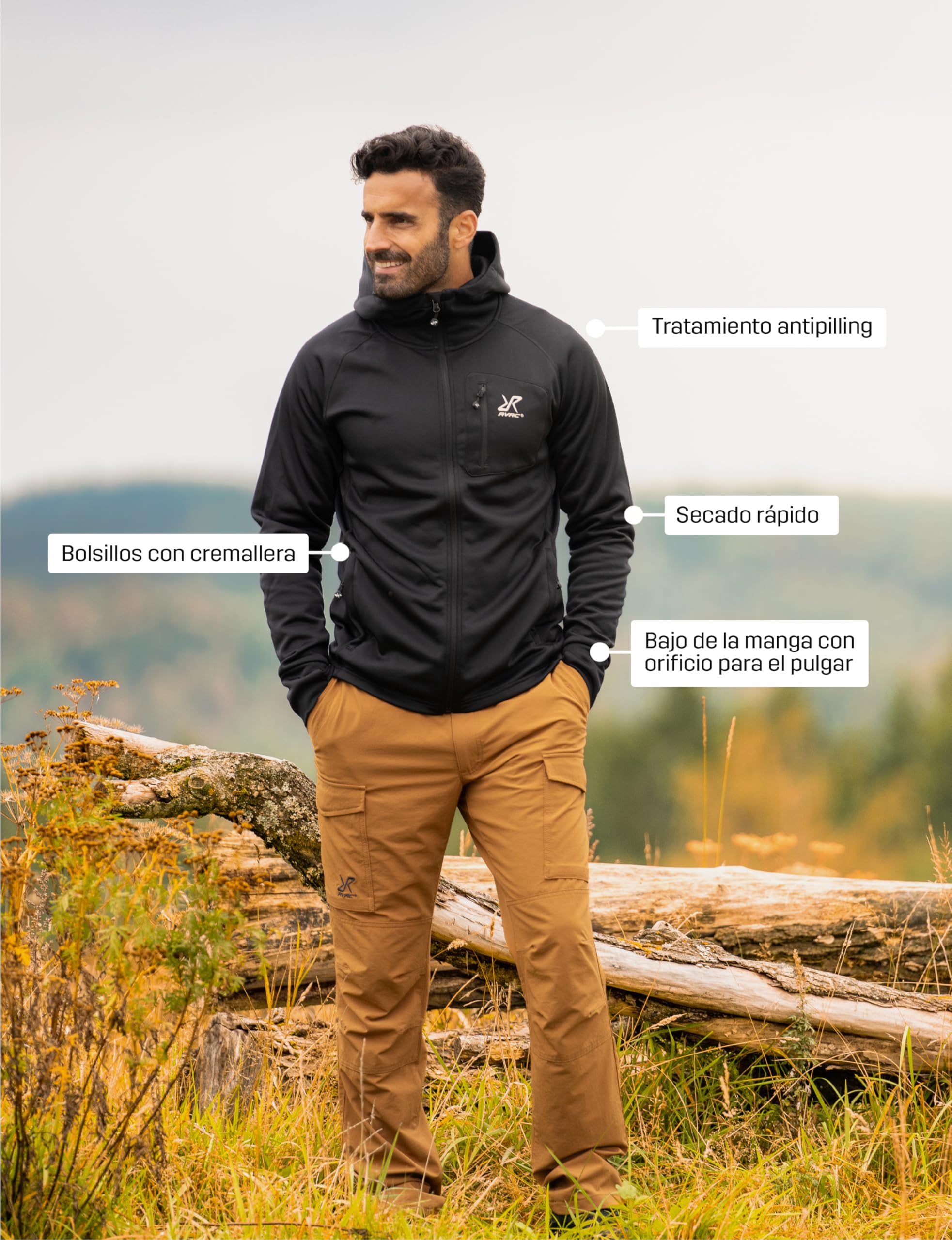 RevolutionRace Evolution Stretch Fleece Hoodie para Hombre, Sudadera con Capucha y Cremallera para Senderismo y Actividades al Aire Libre