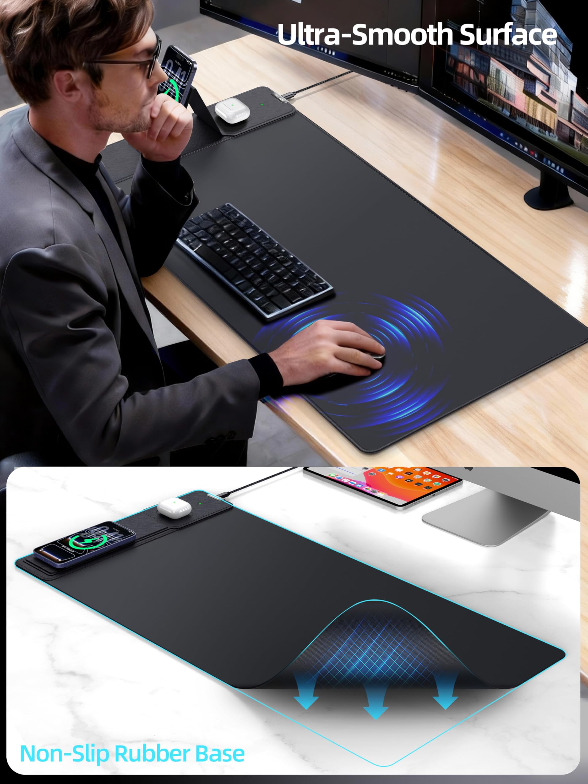 Alfombrilla de mouse con carga inalámbrica magnética y soporte ajustable para teléfono, alfombrilla de escritorio extendida de 31.5 x 15.8 pulgadas, almohadilla de teclado ultra suave impermeable