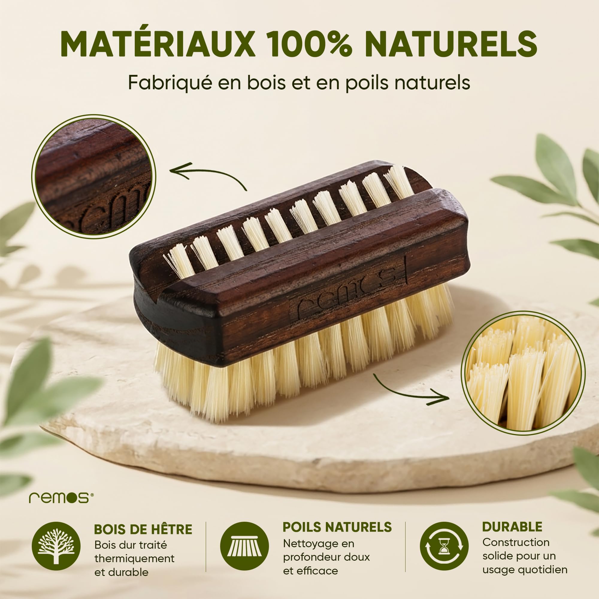 REMOS Mini Brosse à Ongles de Voyage avec Poils de Sanglier en Bois de hêtre [5,9 x 2,9 x 3 cm]
