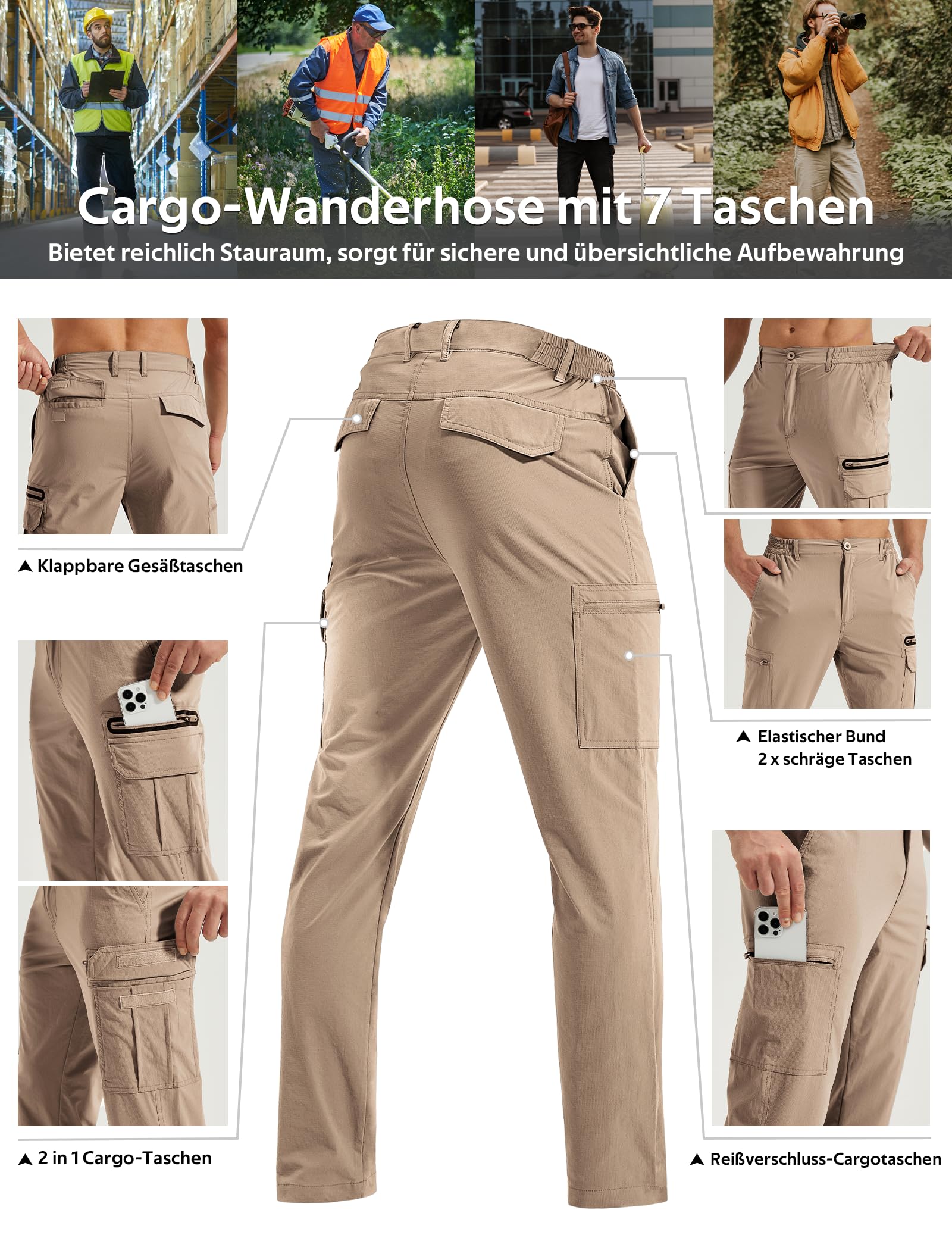 MOURCE Pantalones de senderismo ligeros para hombre, de secado rápido, resistentes al agua, con 7 bolsillos, para camping, pesca al aire libre