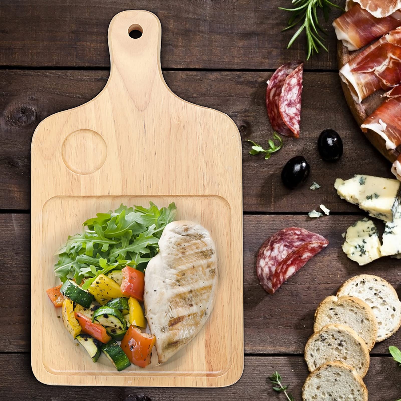 Deska do pizzy z drewna gumowego, 40 x 22 cm, antypoślizgowa taca do serwowania pizzy, sera i chleba, z rowkowanym wzorem, uchwyt wiszący, idealne narzędzie kuchenne do zabawy i grillowania
