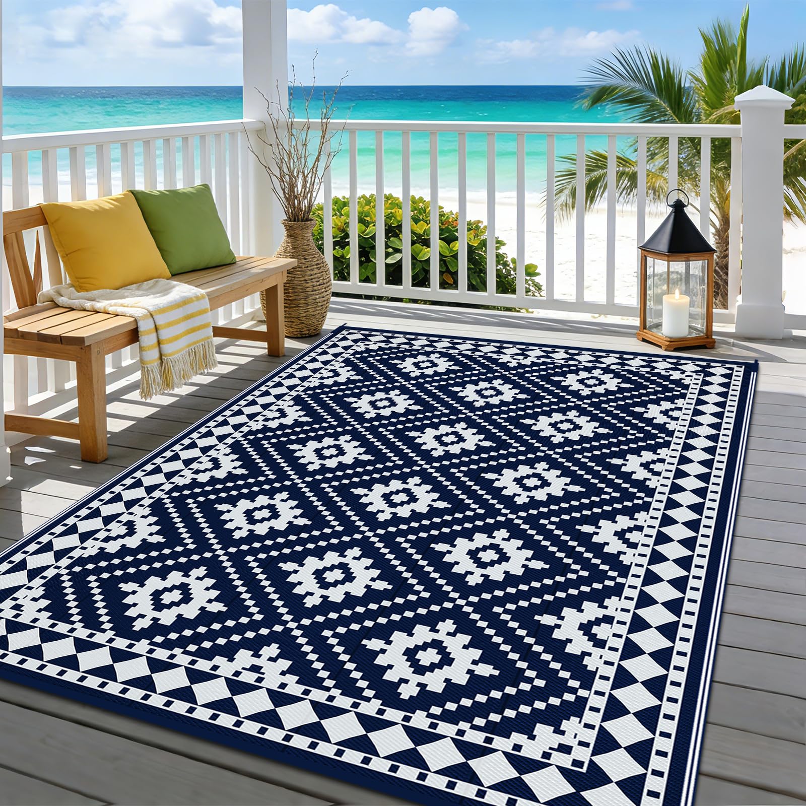 Enyhom Waterproof Outdoor Rug, Weather and UV Resistant Reversible Patio Mats Easy Cleaning, Foldable Lightweight Garden Carpet for Balcony Backyard Camping 240 x 300 cm, Navy Blue — image 1