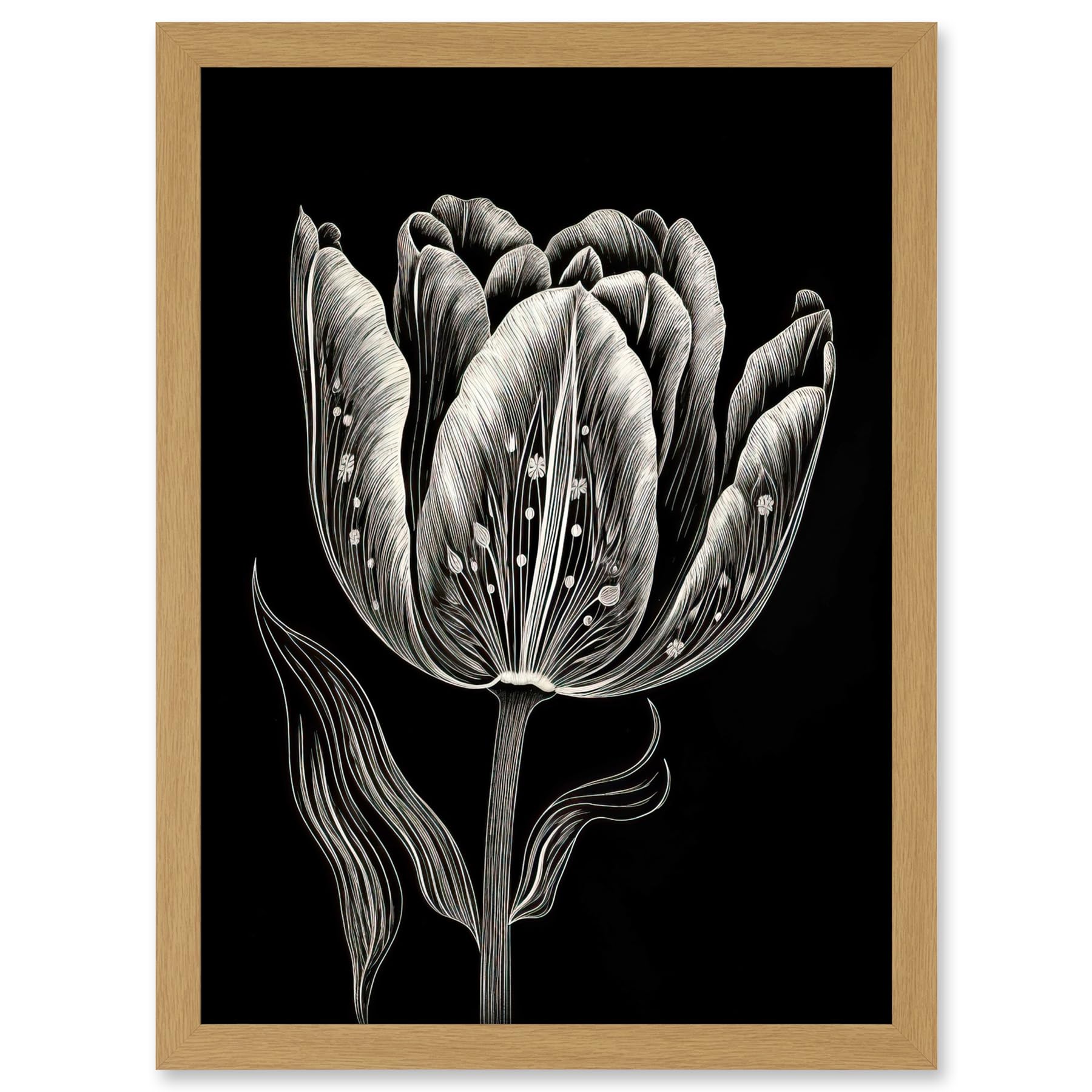 Artery8 Tulip Flower White on Black Blind Contour Folk Art Artwork Framed A3 Wall Art Print