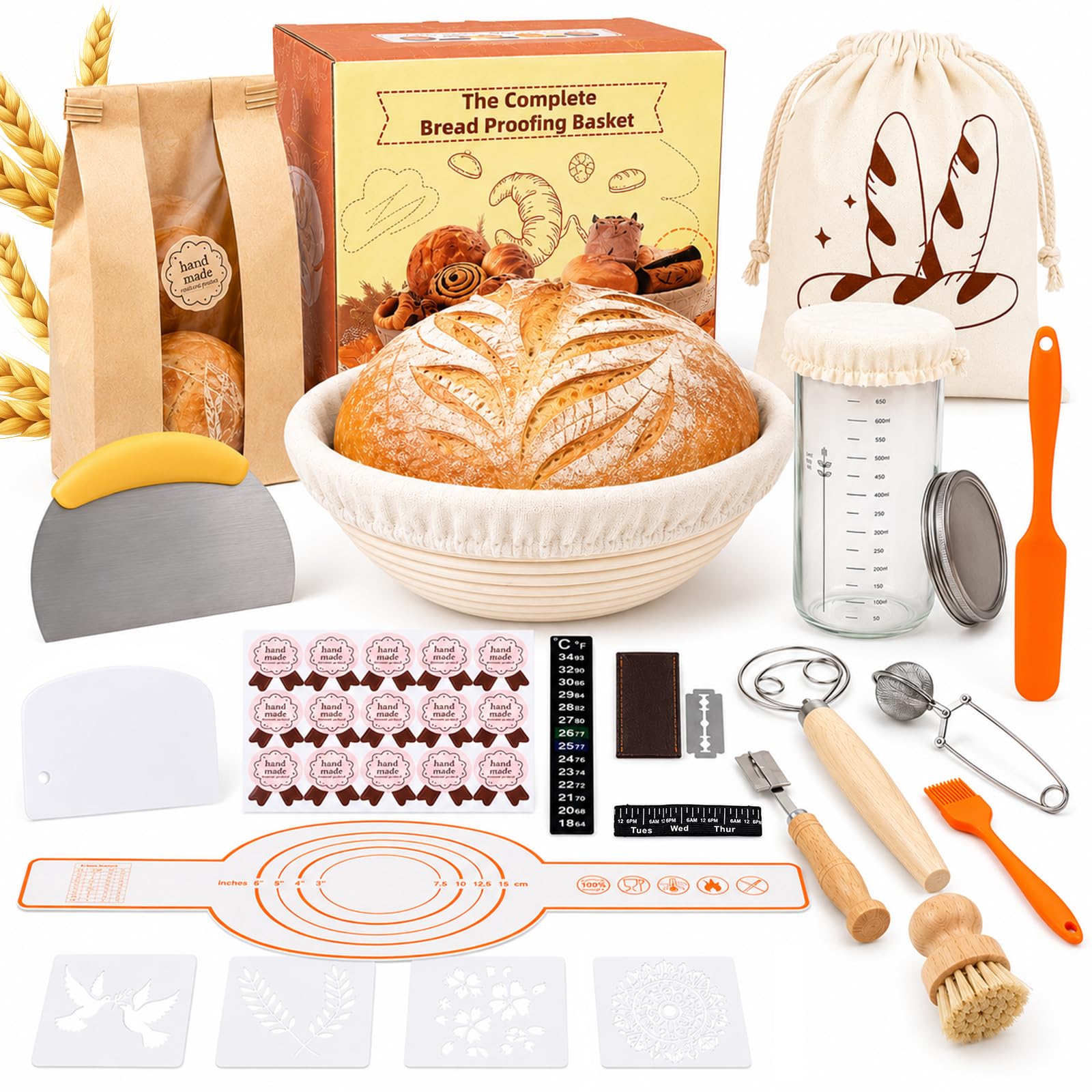 Carehabi Set de cesta de fermentación XXL y juego de iniciación de masa madre – 2 cestas de fermentación (redondas 23 cm y ovaladas de 25 cm), cristal de fermentación con termómetro, raspador de masa