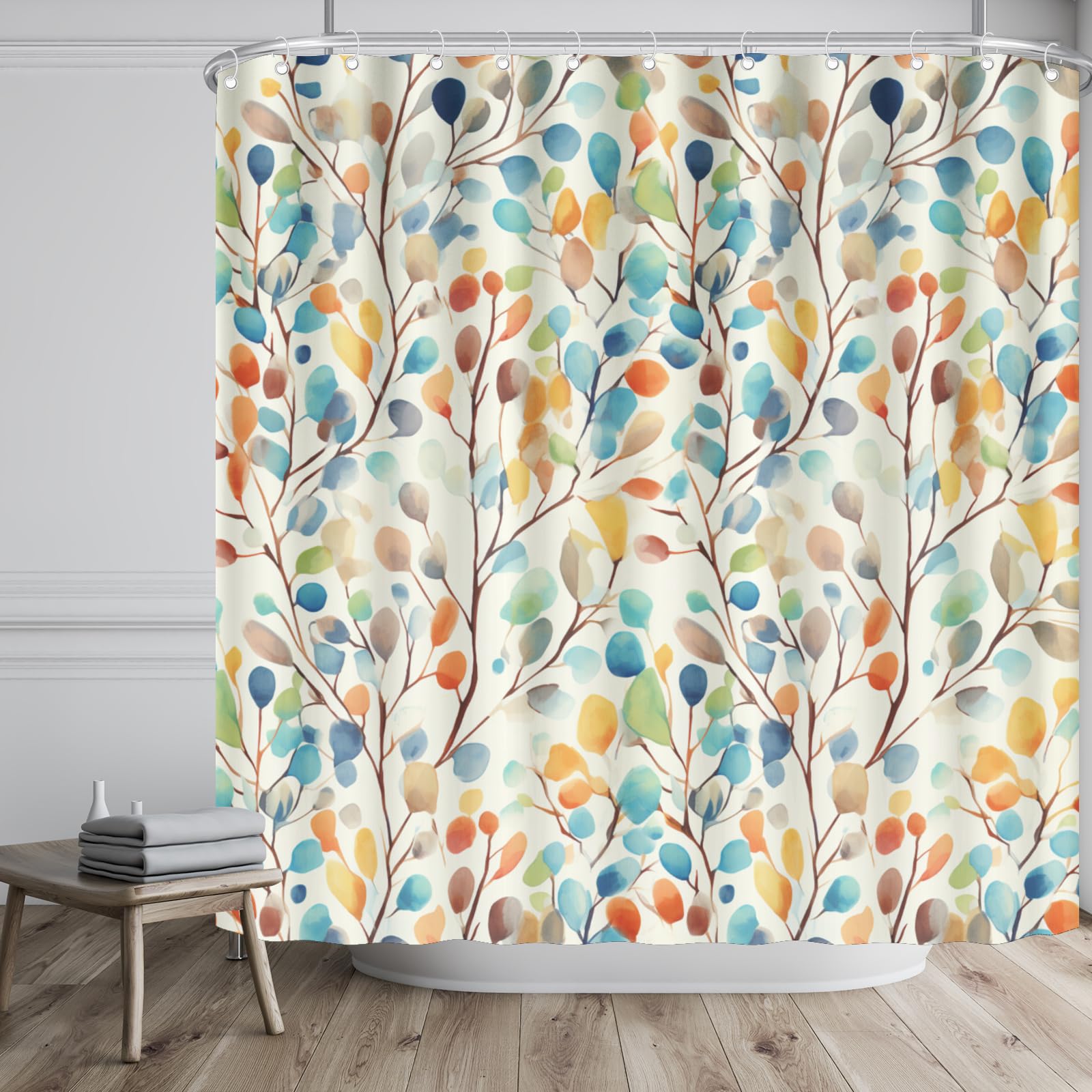 Boho Floral Shower Curtain 72x72 Inches, Colorful Leaves Yellow Bohemian Waterproof Fabric Bath Curtains Liner Set with Hooks,Seasonal Farmhouse Bathroom Bathtub Decor