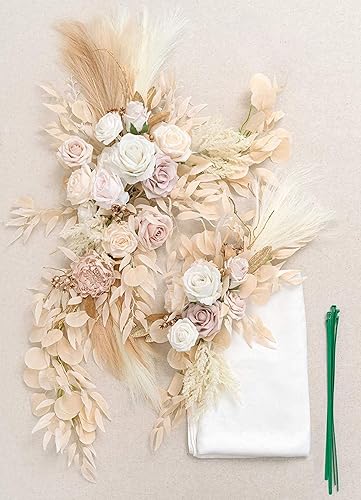 Miniatura 6 de Flores artificiales para arco de boda, juego de 3, 2 guirnaldas de flores de boda con tela drapeada, guirnalda de boda para telón de fondo de
