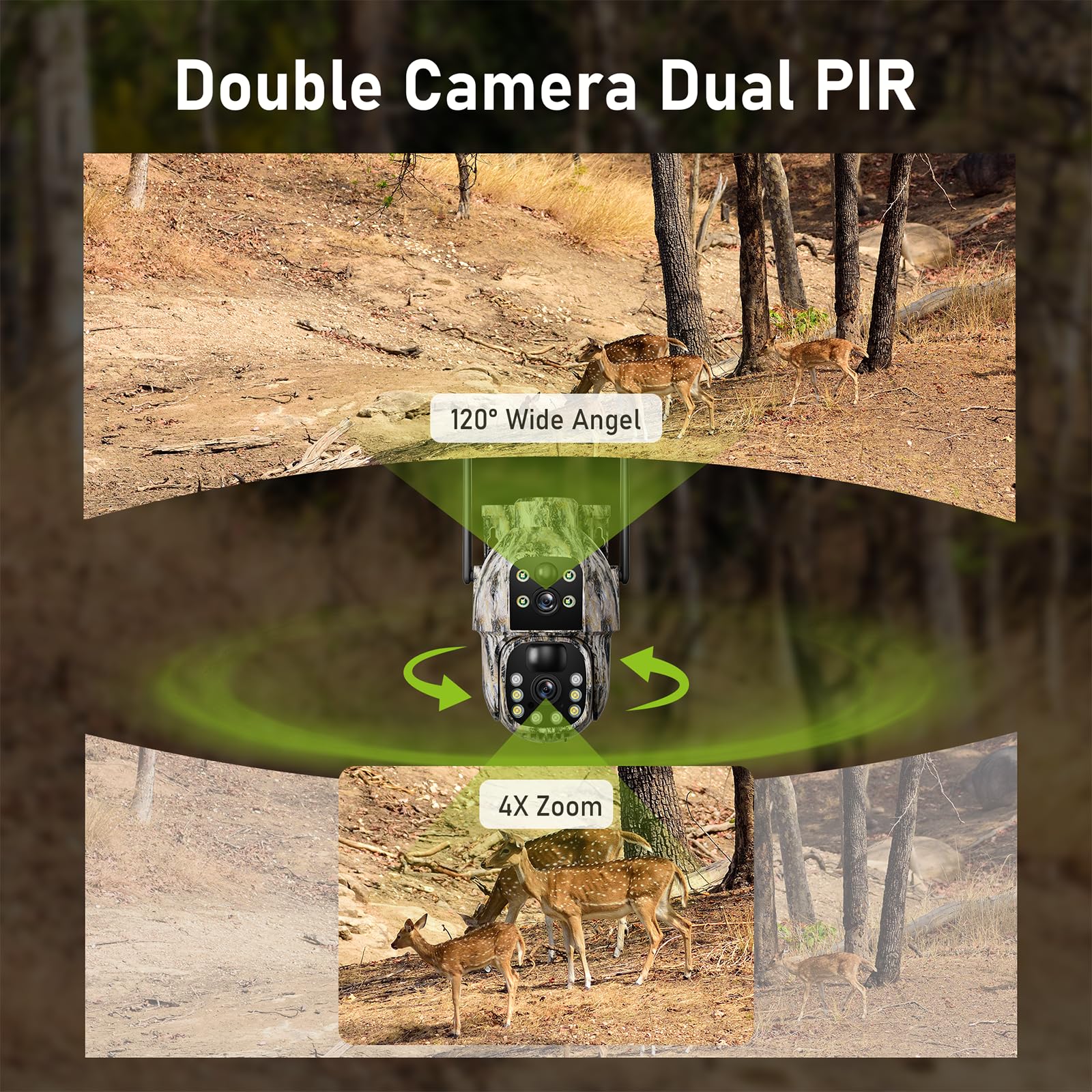 Camera Chasse 4G, Batterie 12000mAh, 2K+2K Double Caméra 4G Autonome,Camera 4G Solaire Exterieur avec détection de Mouvement,Vision Nocturne Couleur,Suivi Automatique,IP66（sans Panneau Solaire） Image du produit 2