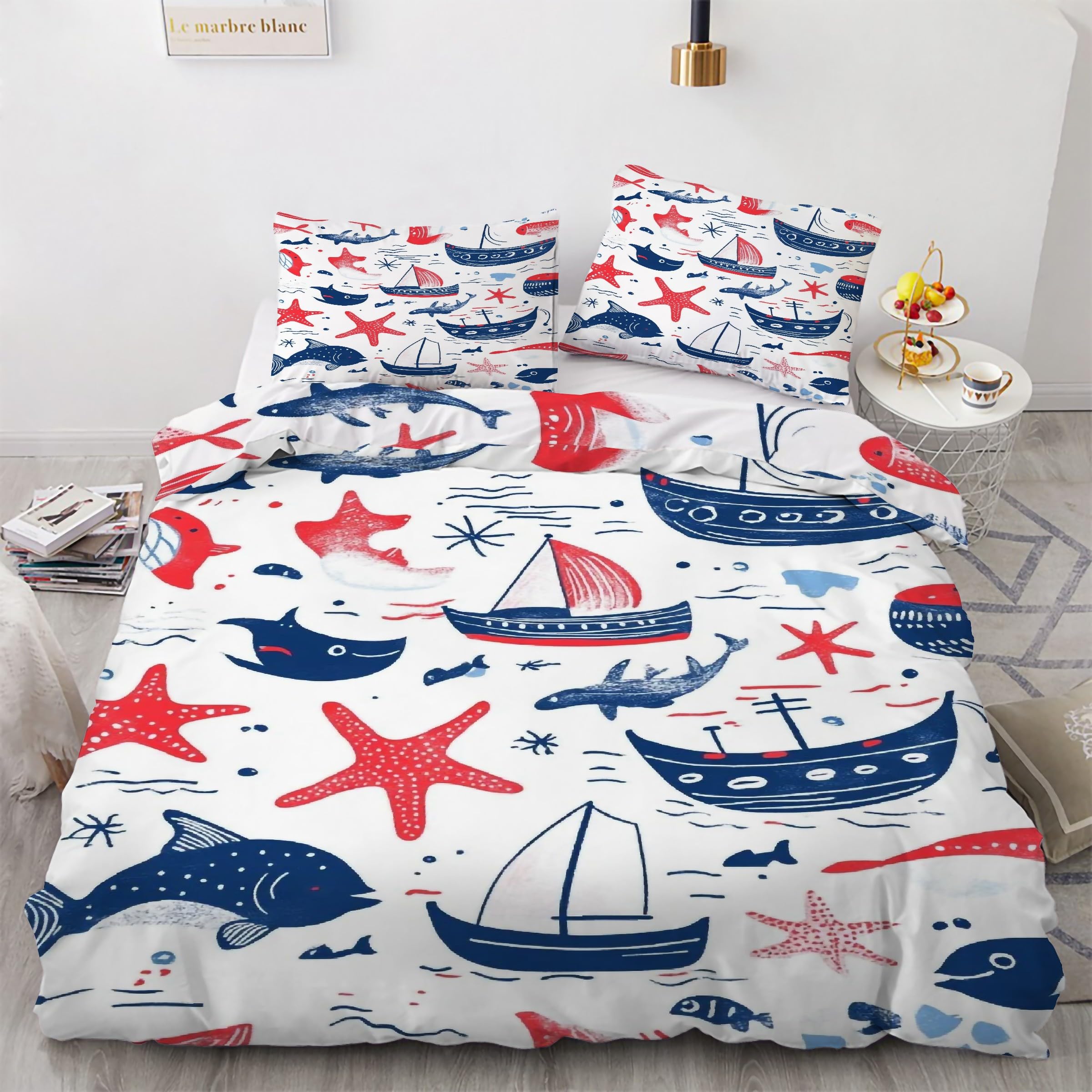 Housse couette en microfibre douce motif requin bleu lit deux personnes