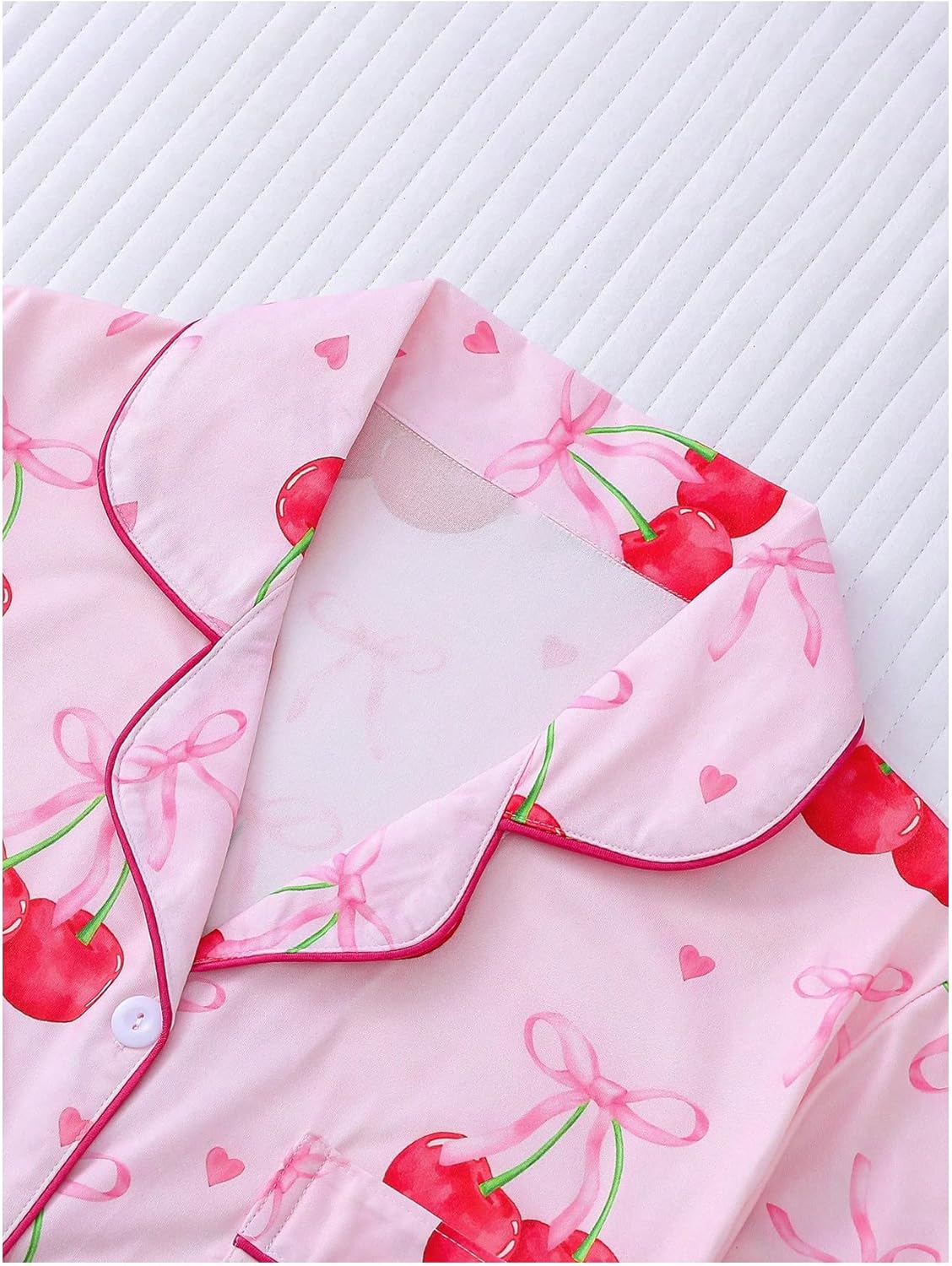 WDIRARA Women's 2 Piece Bow Cherry Print Pajama Set Short Sleeve Button Down Shorts Sleepwear Pjs - Image 4