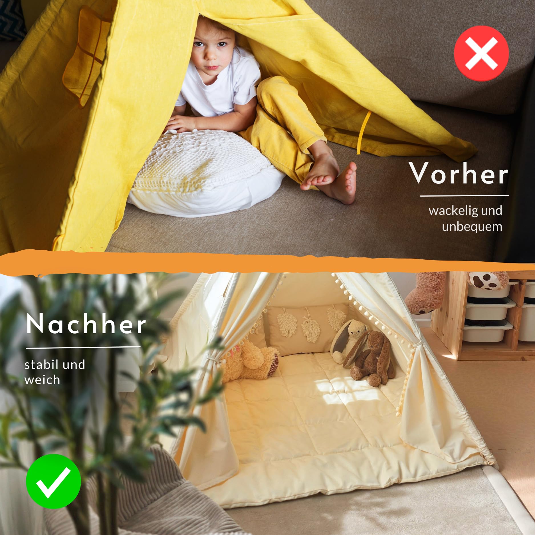 LIONHERZ® Tipi Decke mit Bändern 120x120cm | Spielzelt Matte Kinder | gepolstert & abgesteppt | quadratische Krabbeldecke | Bodenmatte Tipi, Spielhaus, Laufstall & Bällebad | Kinderdecke