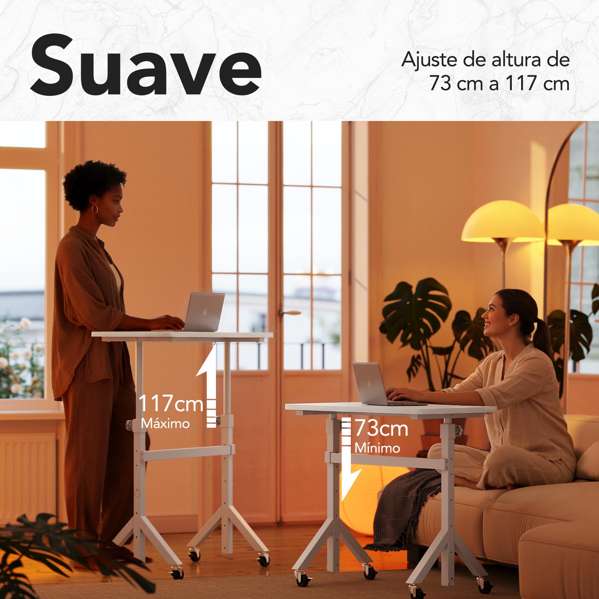 HUANUO Escritorio de pie Ajustable en Altura, 6 ajustes de Altura de hasta 118 cm, 80 x 40 cm, Escritorio pequeño móvil con diseño de Patas Triangulares, Movilidad Suave con Ruedas bloqueables, Mesa