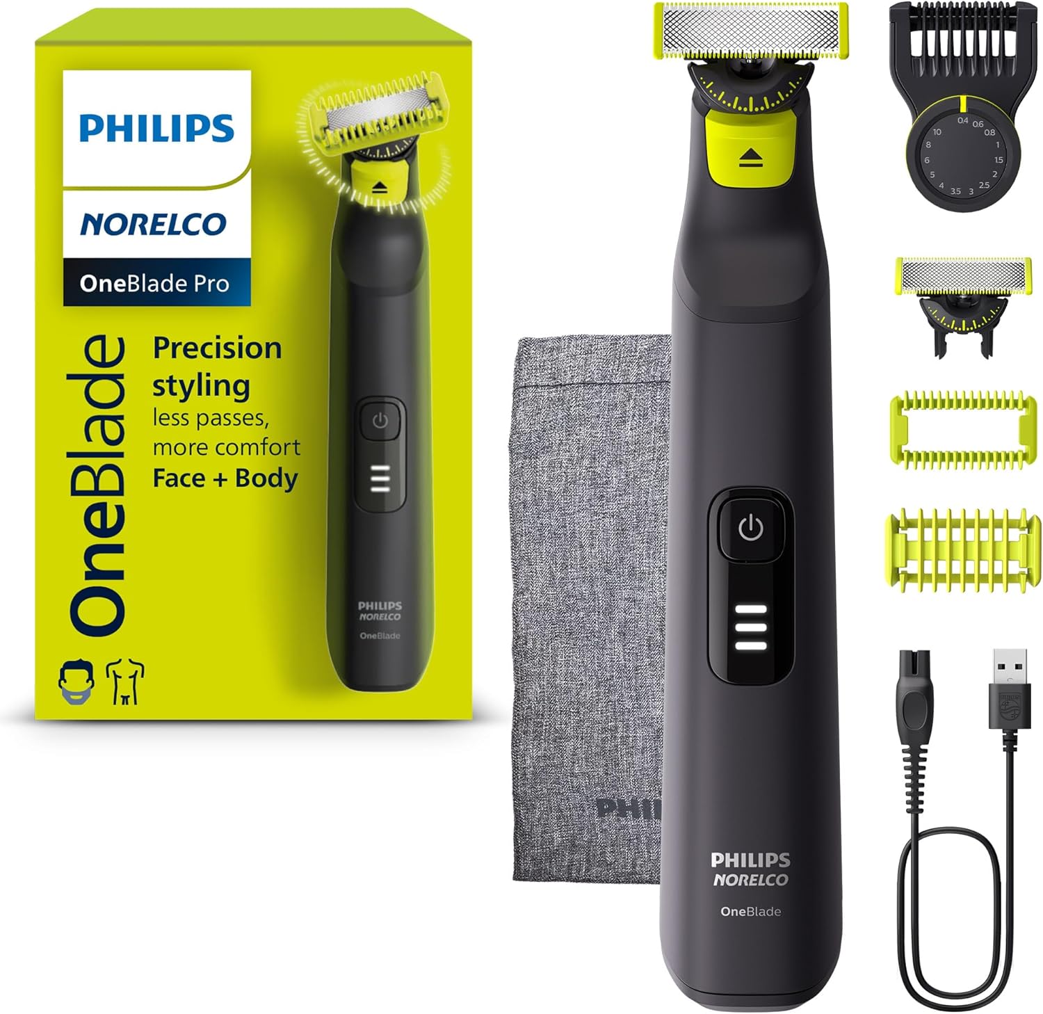 Norelco Philips OneBlade Pro 360 Face + Body, Electric Shaver, Beard Trimmer and Body Groomer, with 360 Blade Technology, 14-Length Precision Comb, Body Kit, Soft Pouch, Model QP6542/70 Norelco Philips OneBlade Pro 360 Face + Body, Electric Shaver, Beard Trimmer and Body Groomer, with 360 Blade Technology, 14-Length Precision Comb, Body Kit, Soft Pouch, Model QP6542/70