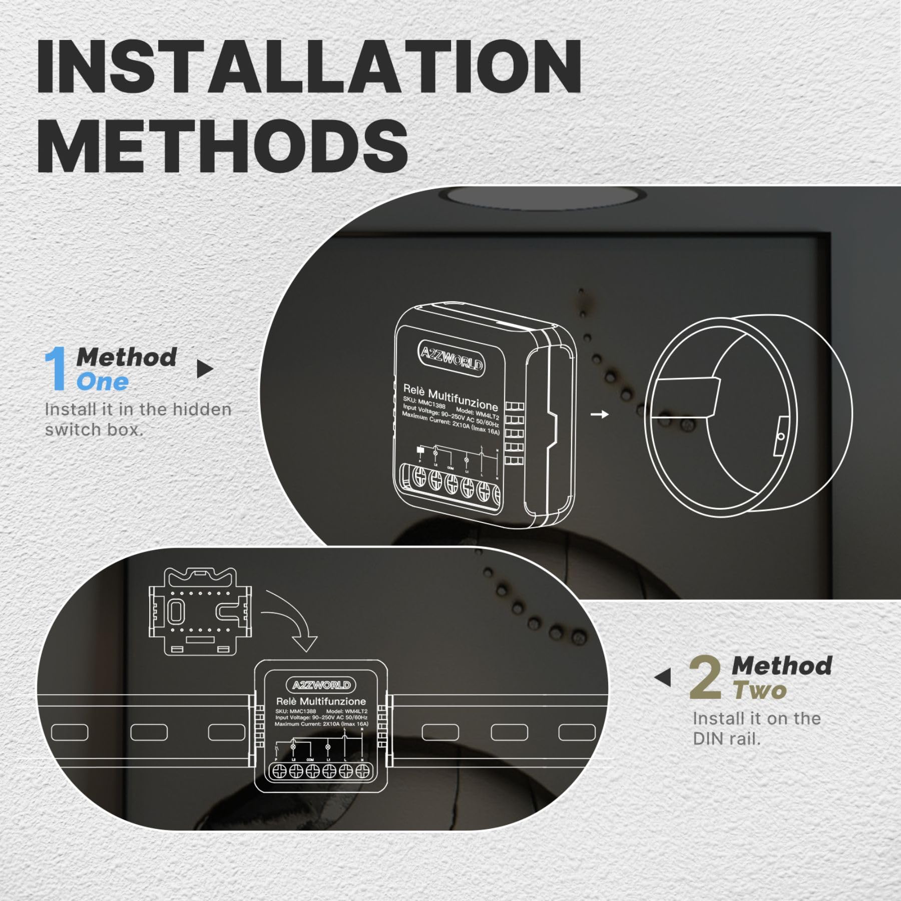 10 relés multifunción 8 modos en 1, paso a paso, temporizador de 3 minutos, monoestable, conmutador, alternancia A/B, 3/4 secuencias de luz, montaje empotrado y barra DIN, silencioso con memoria, 2 x