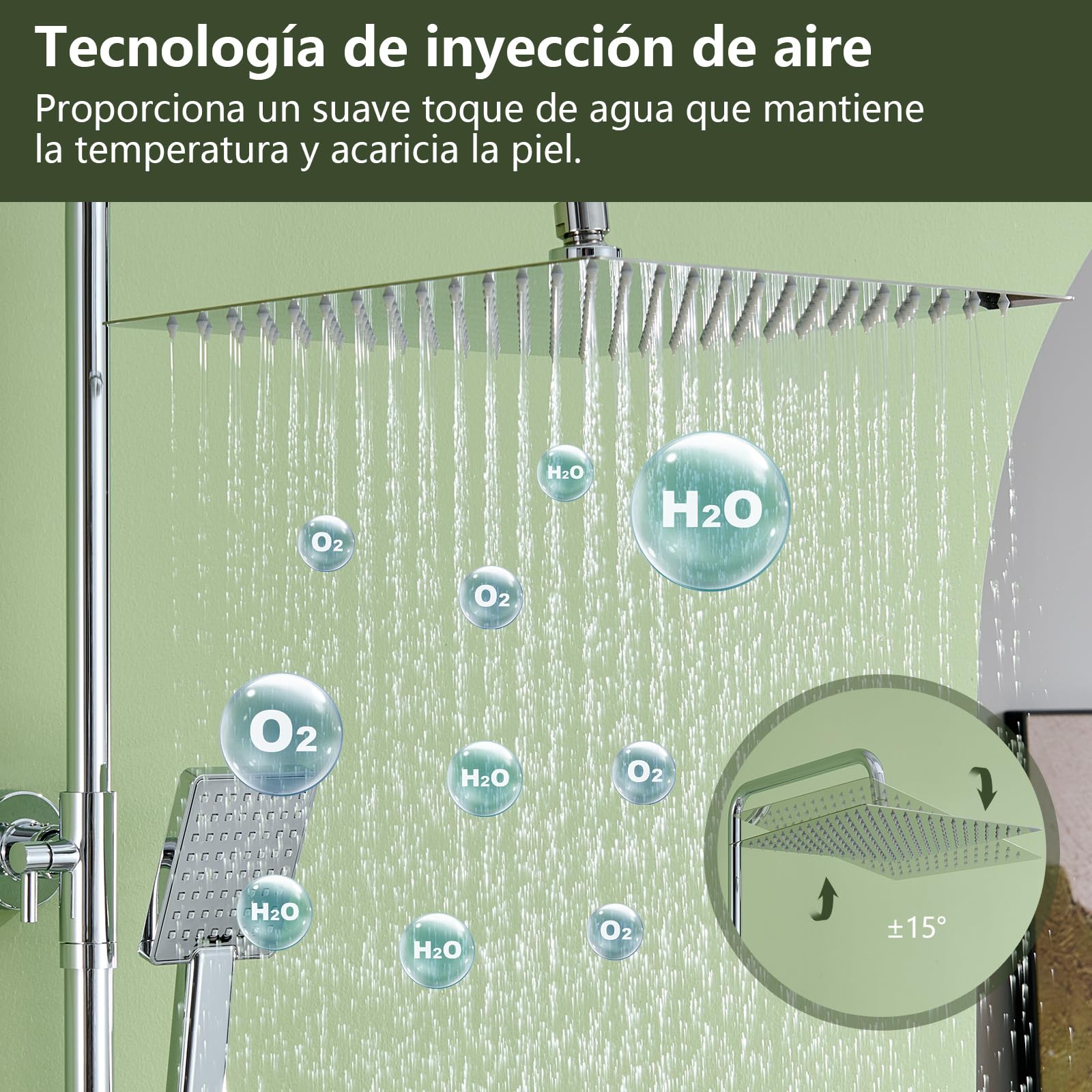 Sistema de ducha termostático acero inoxidable, cabezal lluvia cuadrado 12" (30 cm), ducha mano 1 modo. Grifería completa ajustable en altura, protección quemaduras, ahorro agua