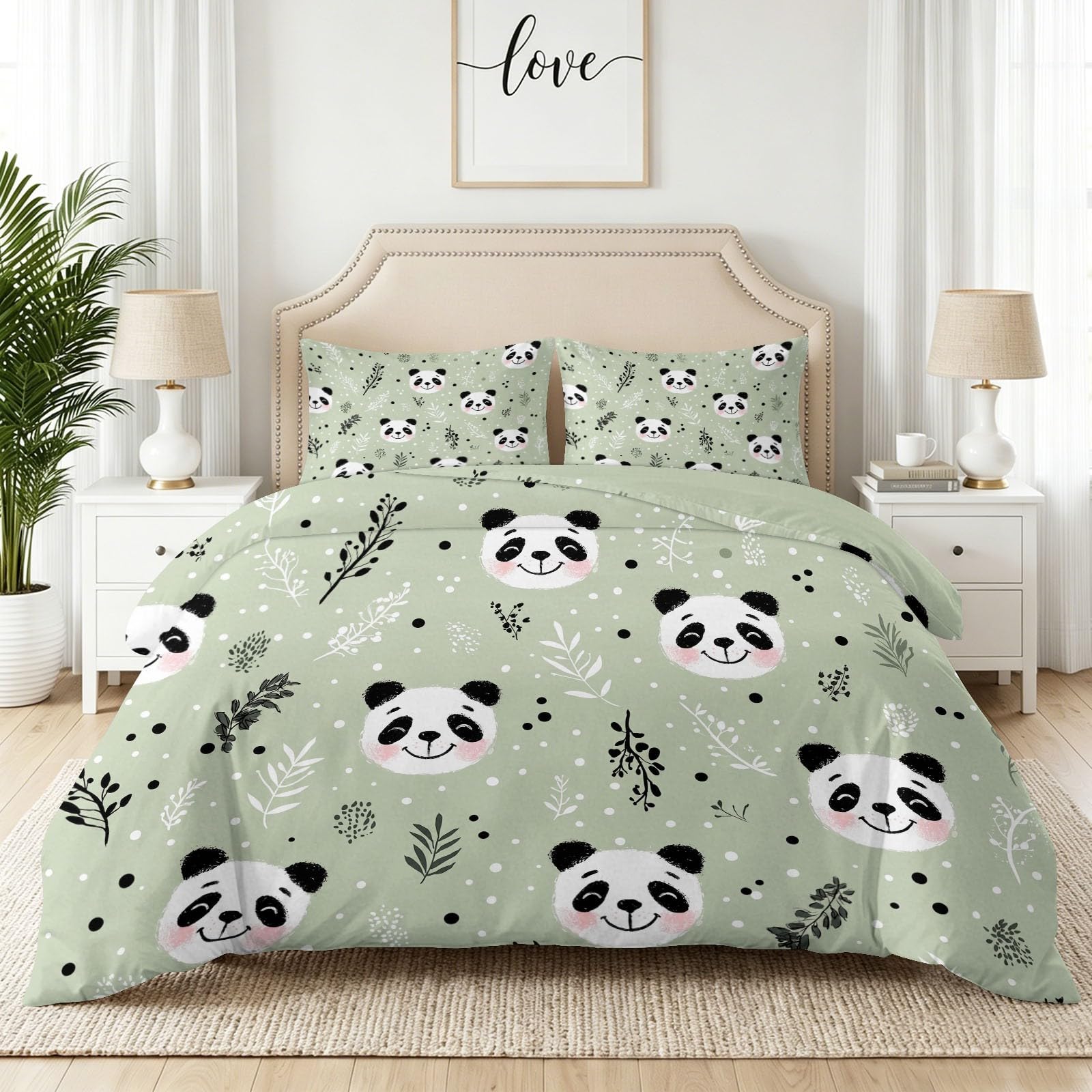 Housse de couette vert sauge clair motif dessin animé minimaliste 3 pièces