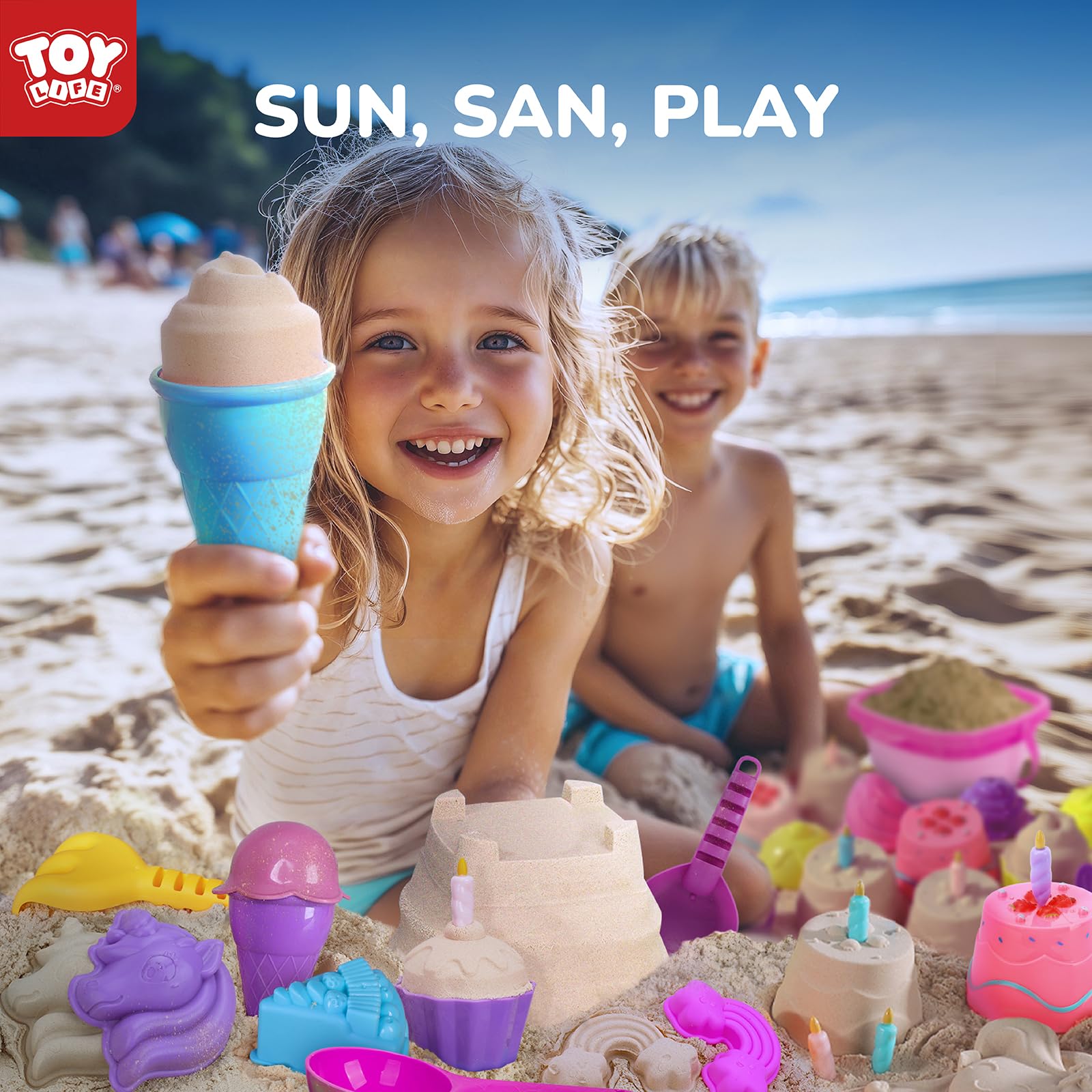 TOY Life - 23-teiliges Einhorn-Strandspielzeug-Set für Kinder von 4 bis 8 Jahren, faltbares Sandspielzeug mit Silikonwannenschaufeln und Sandburg Bausatz, Spielzeug