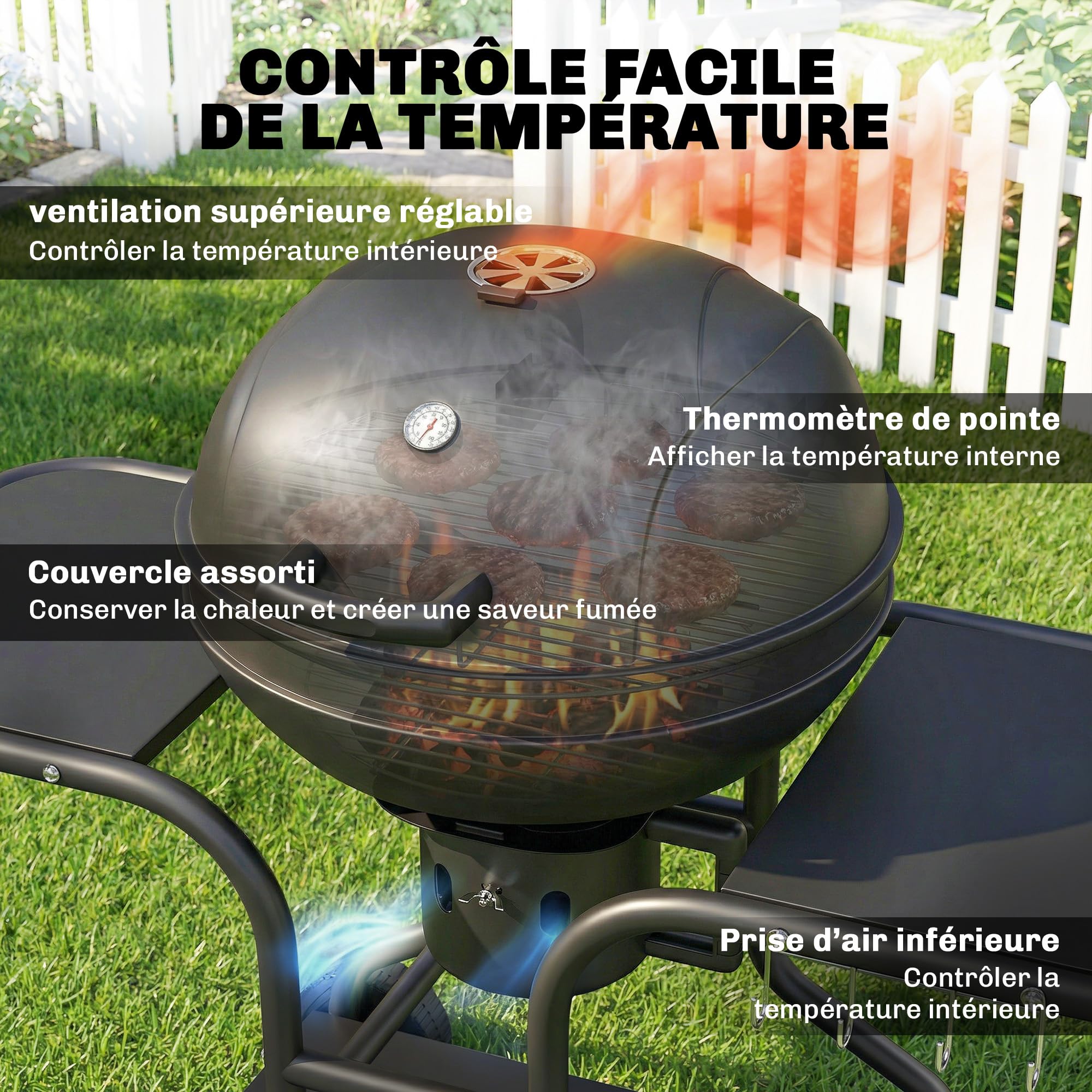 Outsunny Barbecue à charbon Rond avec couvercle Thermomètre Roues Noir | Barbecue Rond Extérieur, Tables Latérales, Étagère Inférieure, Jardin, Terrasse, Charbon De Bois