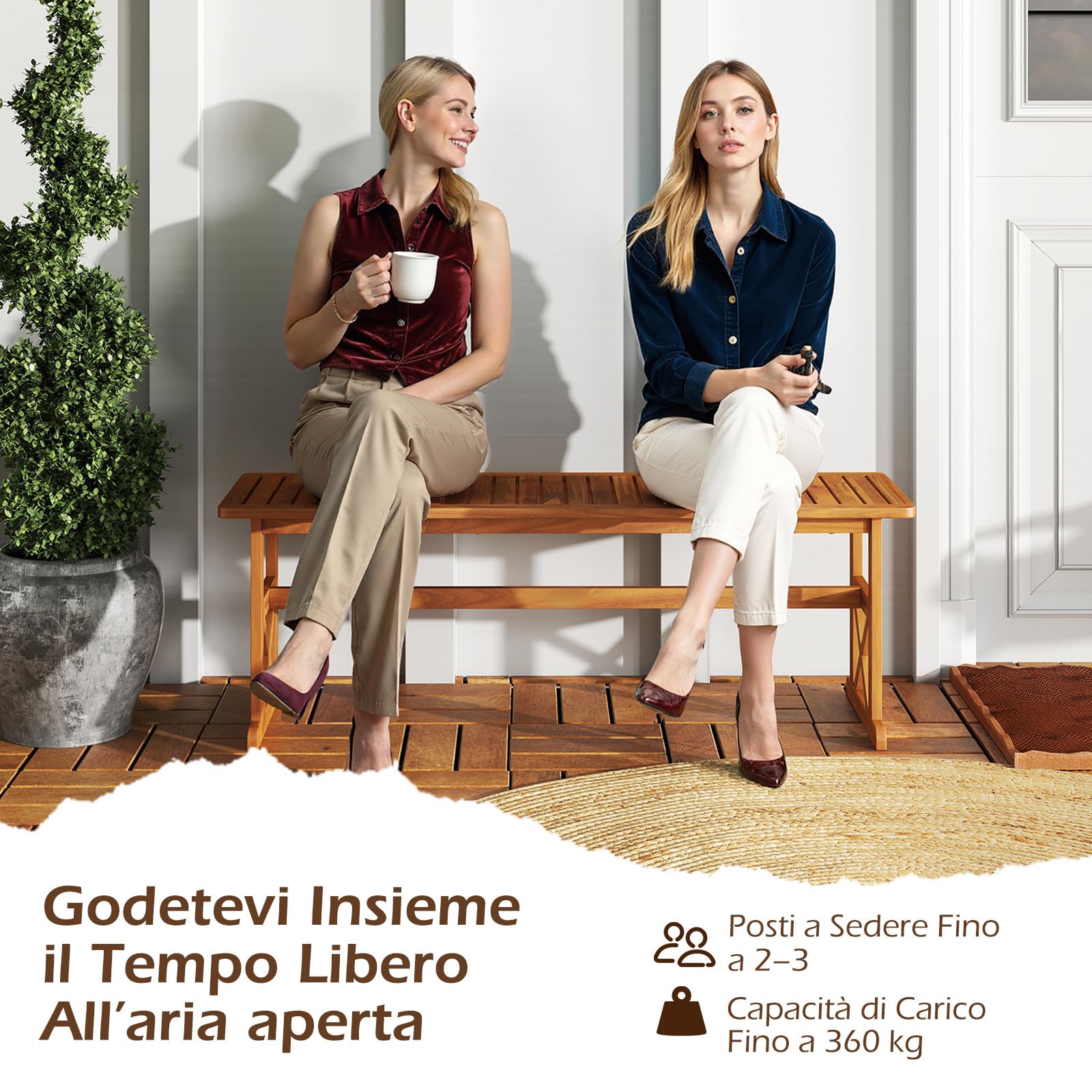 COSTWAY Panchina da Esterno in Legno di Acacia, Portata 360 kg, Panchina per 2-3 Persone senza Schienale con Sedile a Doghe, Panca Esterno per Veranda, Giardino, Balcone e Cortile (1)