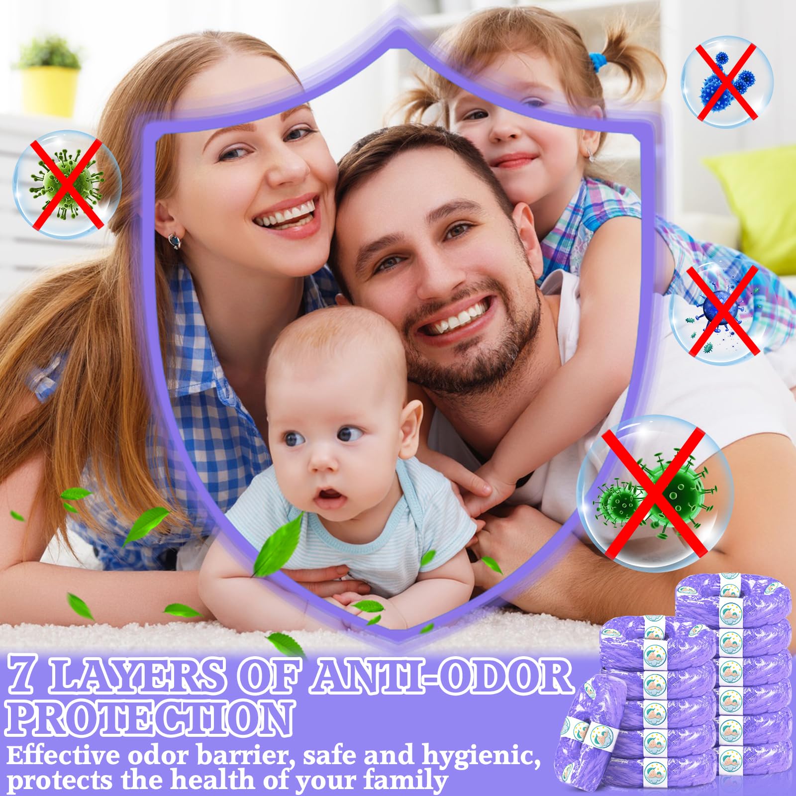15 Piezas Recambios Cubos de Pañales, 4,5 M Antiolor Recambios de Papelera Pañales Bebe, Gran Capacidad Antiodor Bolsas Pañales Recambios, compatible con todos contenedores de pañales, Púrpura