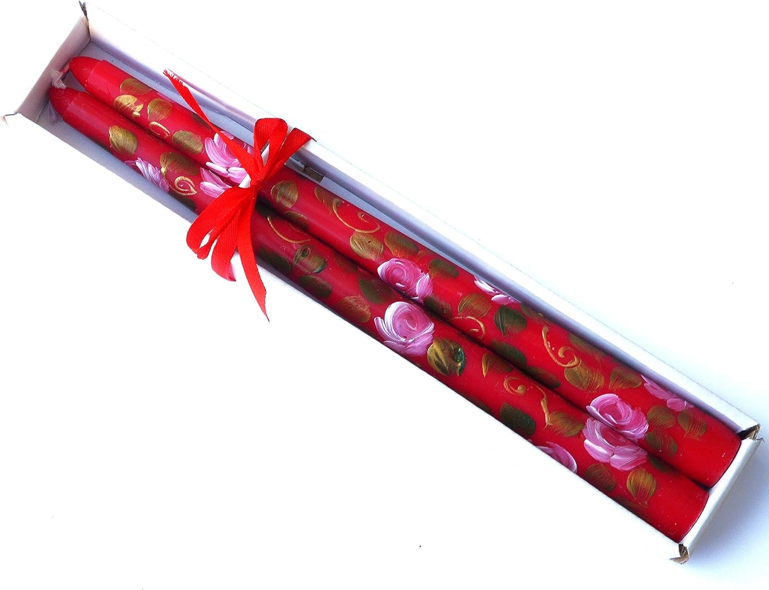 Dripless Unscented Decorative Red Taoer Candles with Romantic Artist Hand Painted Pink Roses Bohemian Floral Decor Decorations
