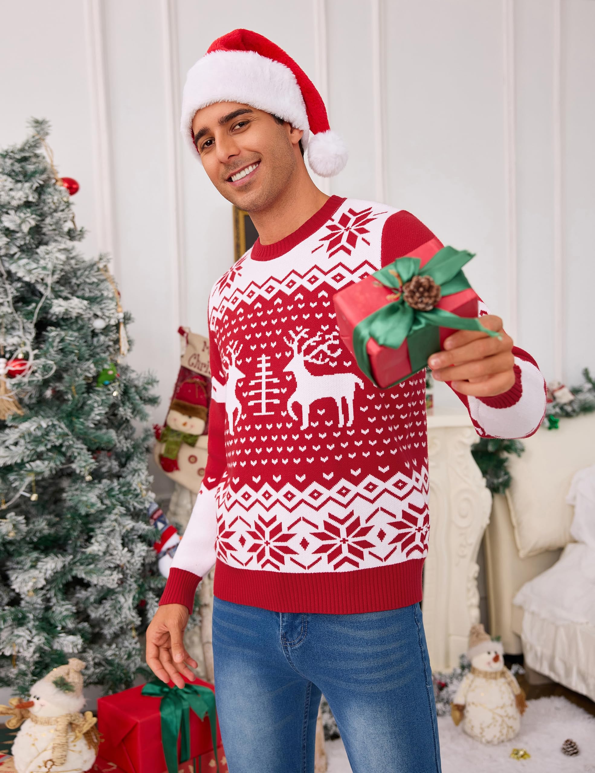 Demegimi Jersey de Navidad Hombre Invierno Suéter de Navidad Cuello Redondo Christmas Jumper Hombre Manga Larga S-XXL