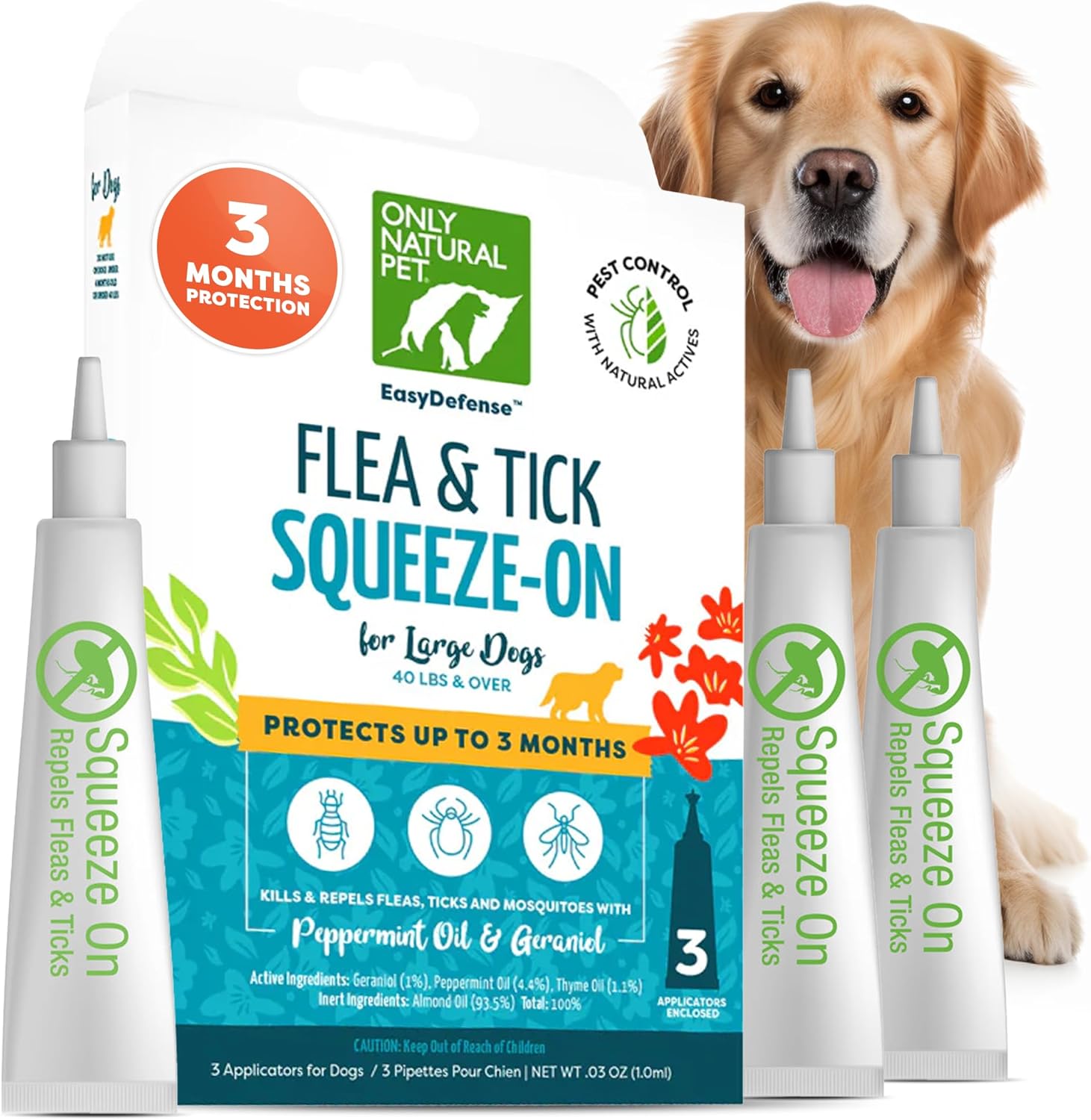 Only Natural Pet Flea and Tick Control for Large Breed Dogs (Over 40 lbs) – EasyDefense Flea & Tick Herbal Squeeze-On Drops – 3 Month Supply (L Sqz.)