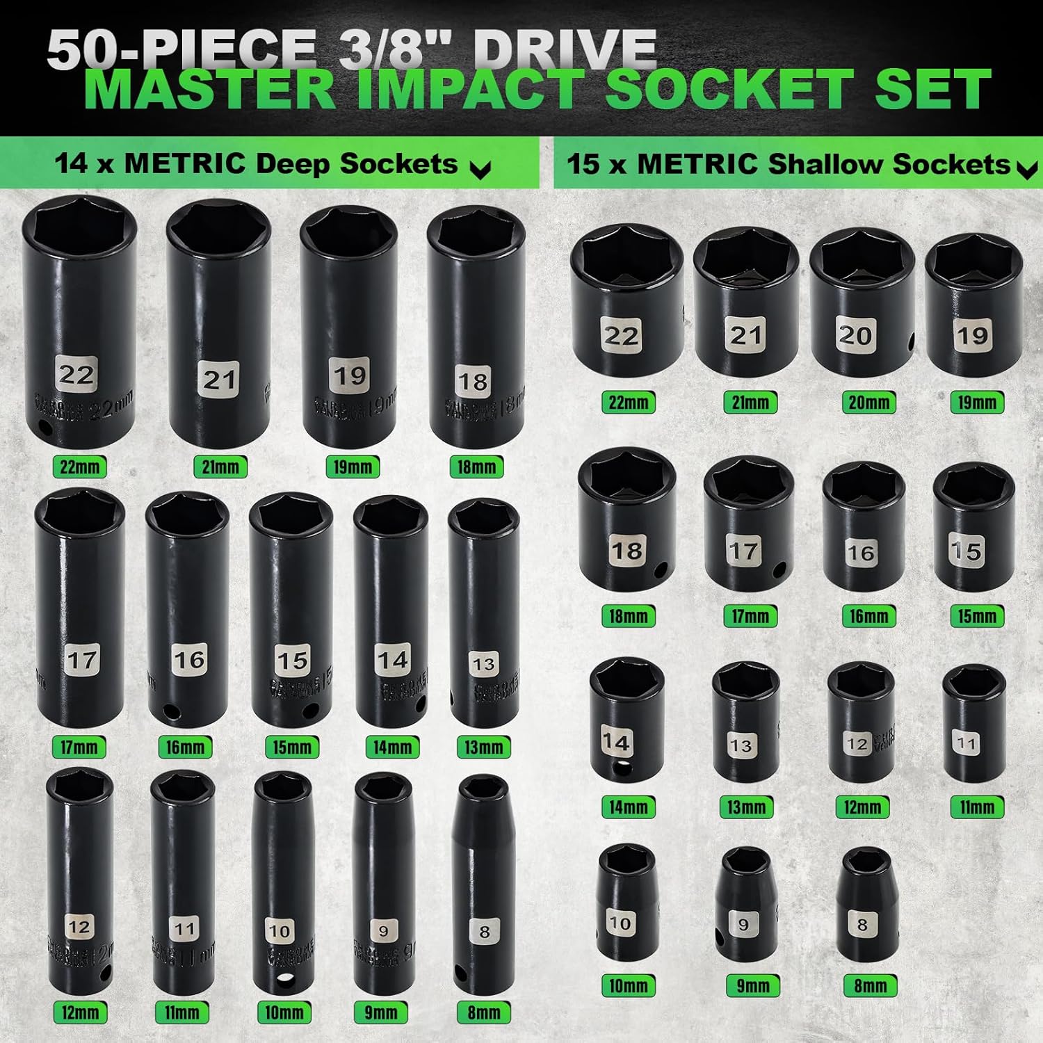 3/8" Drive Impact Socket Set, 50 Piece Standard SAE (5/16 to 3/4 inch) and Metric (8-22mm) 6 Point, Extension Bars, Impact Universal Joint, Adapter, Cr-V Steel