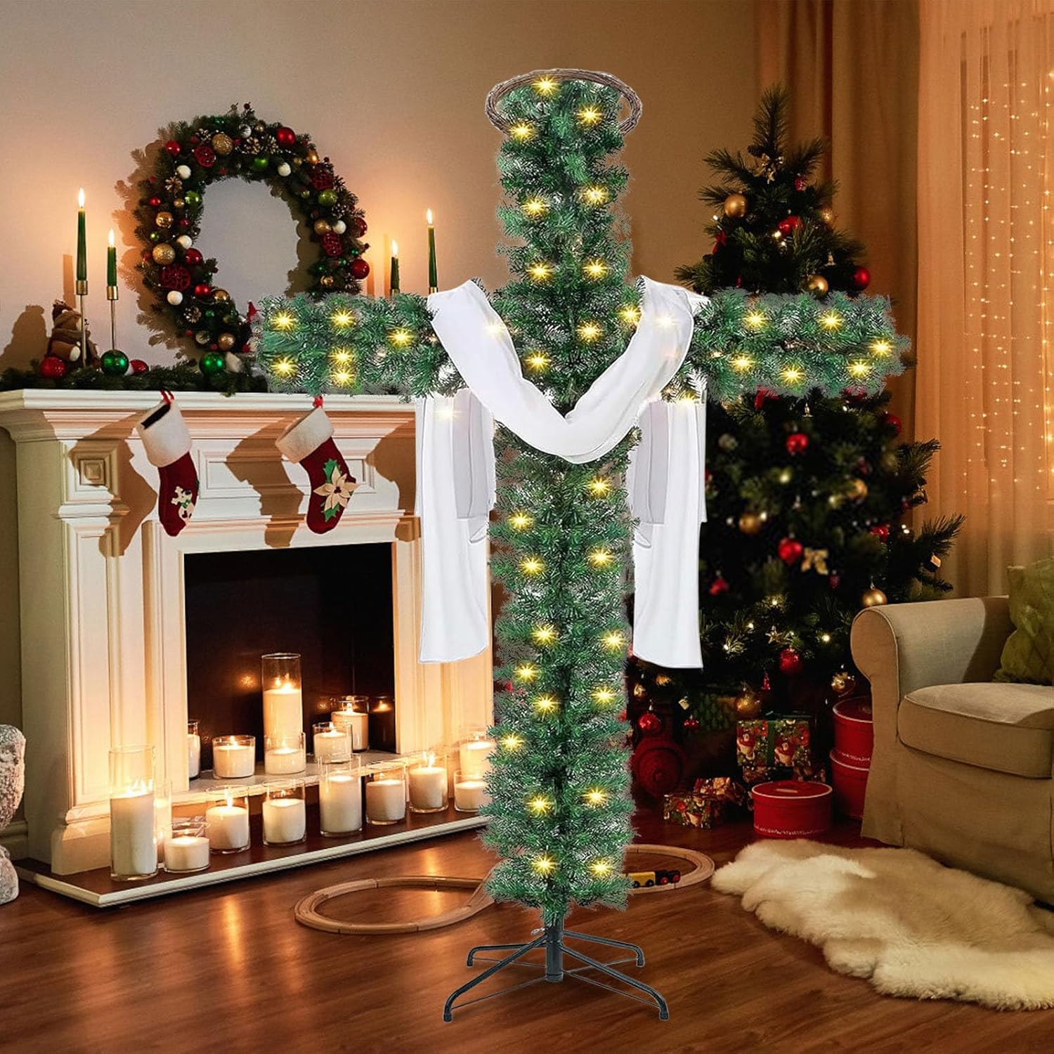 Christmas Tree, Cross Shaped Christmas Tree Pre-Lit Cross Trees Artificial Pine with LED Lights Scarves and Wooden Rattan Rings Religious Holiday Decor Home Trees Decorations