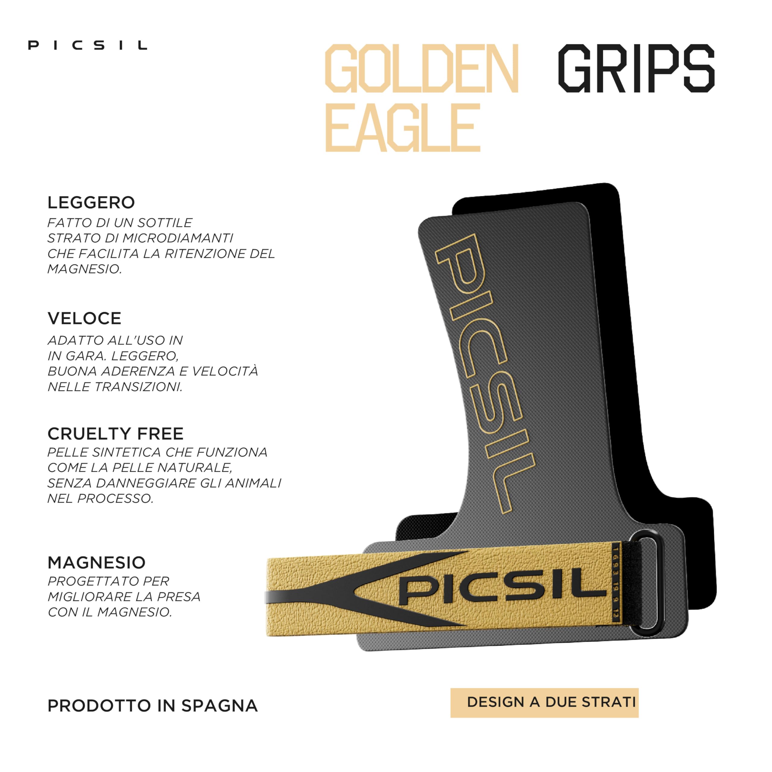 PICSIL - Paracalli Golden Eagle, Grips da Competizione, Uso con Magnesio, Materiale Ibrido Nuova Generazione, Ideale per Cross Training, Calisthenics e Fitness