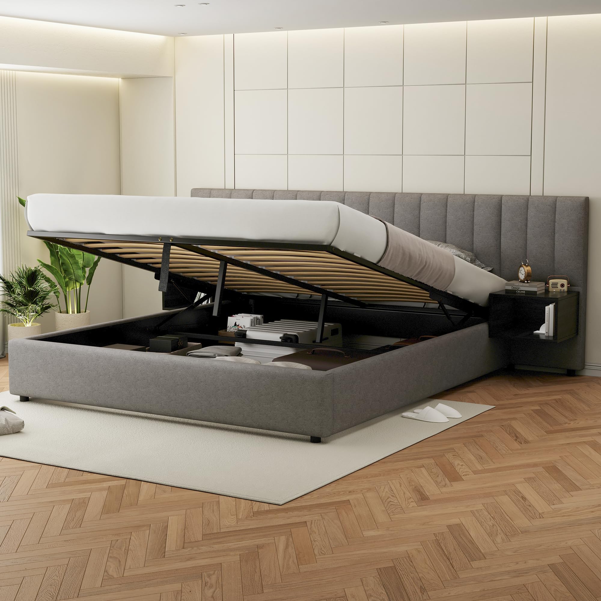 Cama Tapizada 180 x 200 cm con Almacenaje Hidráulico y Dos Mesillas con Cajones, Somier de Láminas de Madera, Cama para Dormitorio de Adultos y Jóvenes, Fácil Montaje, Tela Lino, Gris y Negro
